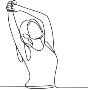 Line drawing of a person with arms raised, holding a rope or cord with both hands.