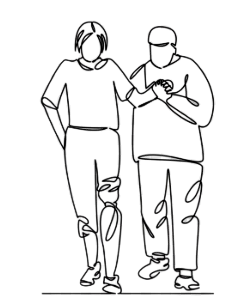 Line drawing  of two people walking together, one is supporting the other walking.