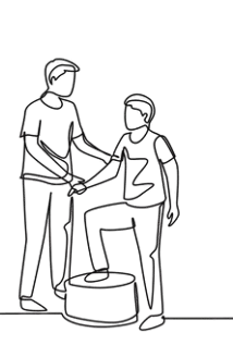Line drwaing of two people, one is standing and supporting the other person going up a step in a thereputic environment