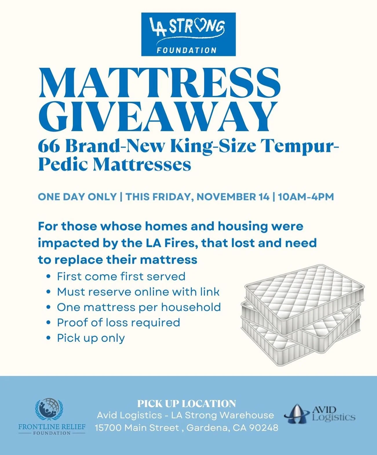 For one day only, this Friday, November 14th, from 10am to 4pm @lastrongfoundation is giving away 66 brand-new king-size Tempur-Pedic mattresses to those whose homes and housing were impacted by the LA Fires, and need to replace their mattress.

- Fi