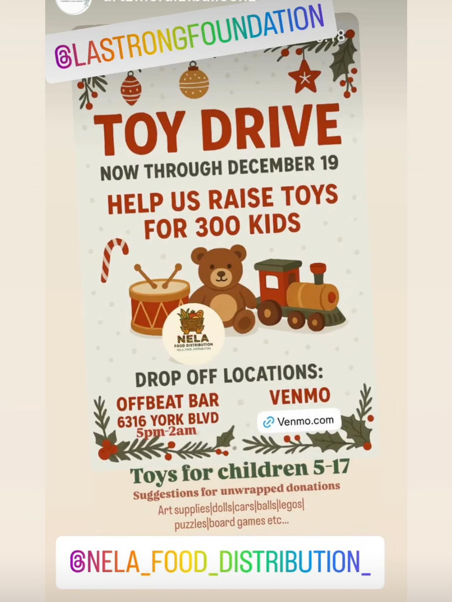 @lastrongfoundation is proud to support @nela_food_distribution_ with toys and essential supplies for their holiday event. 

Thanks to @artz.floralz.balloonz for introducing us to Vanny and her team. 

@lastrongfoundation is Proudly working together 