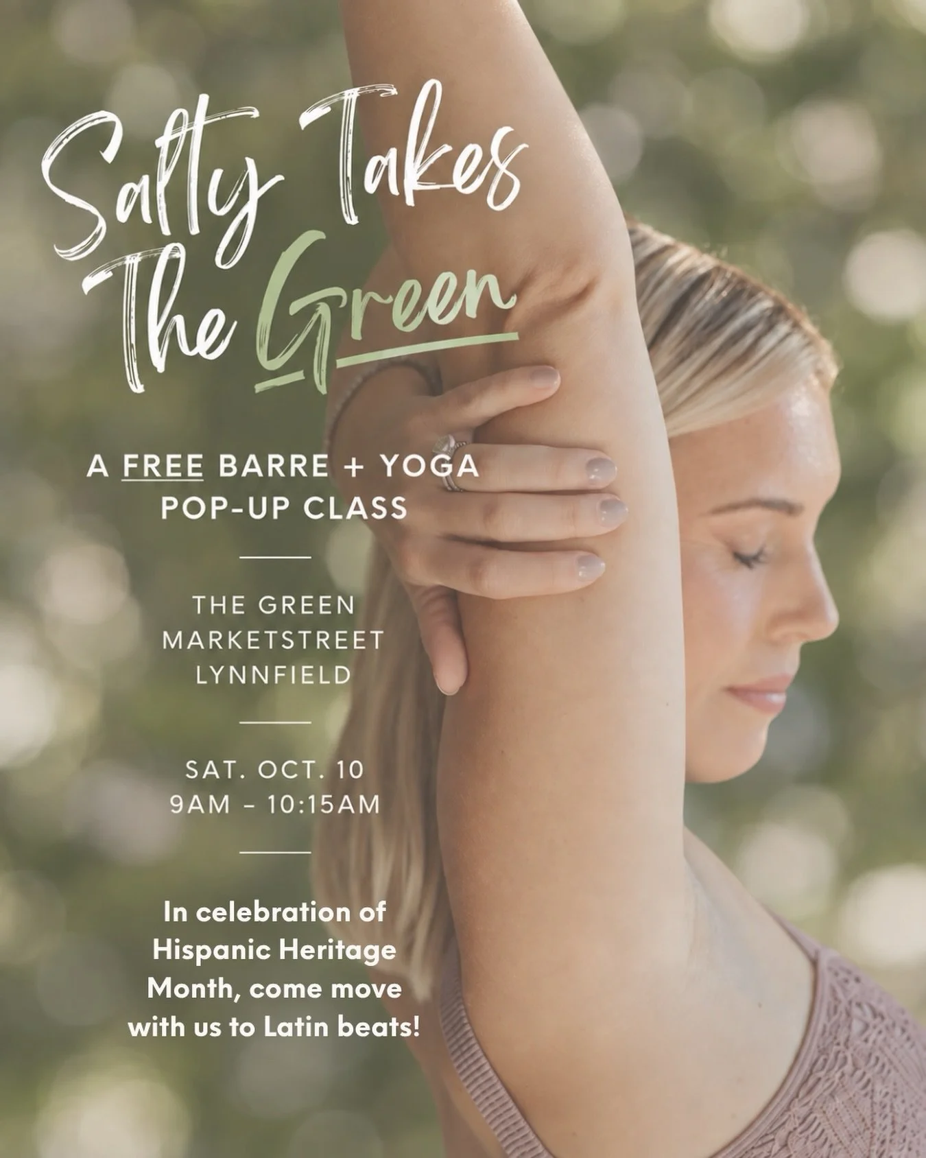 A little Salty, outside 🌿

Join us October 10 on the Green at @marketstreetlynnfield for Salty Takes the Green &mdash; a ✨FREE✨ Buddha Barre + Salty Buddha Yoga pop-up with @toniviz1 + @ash_lapointe 

In celebration of Hispanic Heritage Month, we&rs