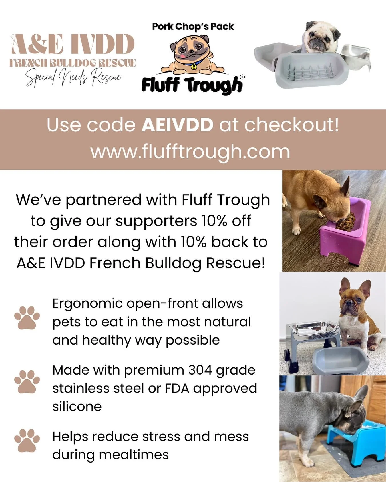 Have you heard the news 🗞️ 🥳🥳🥳 @ae_ivddfrenchbulldogrescue has partnered with @flufftrough right before the holidays to give our supporters 10% off your purchase What a great gift to include during the holidays 🎄🕎 birthdays 🎉 and the days in b