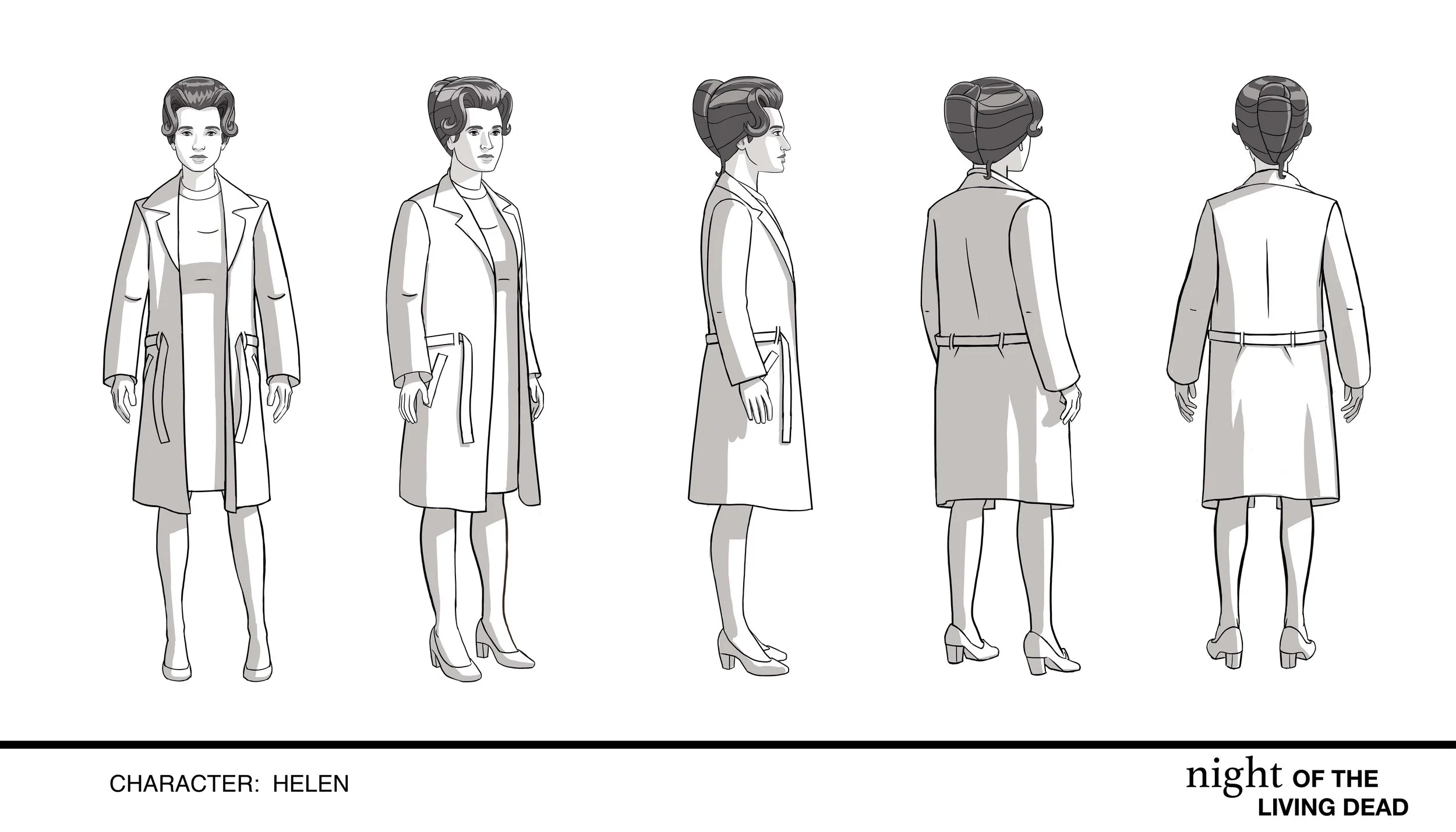 Drawing of character Helen from 'Night of the Living Dead', shown from front, side, and back in grayscale, wearing a long coat, dress, heels, and with styled hair.