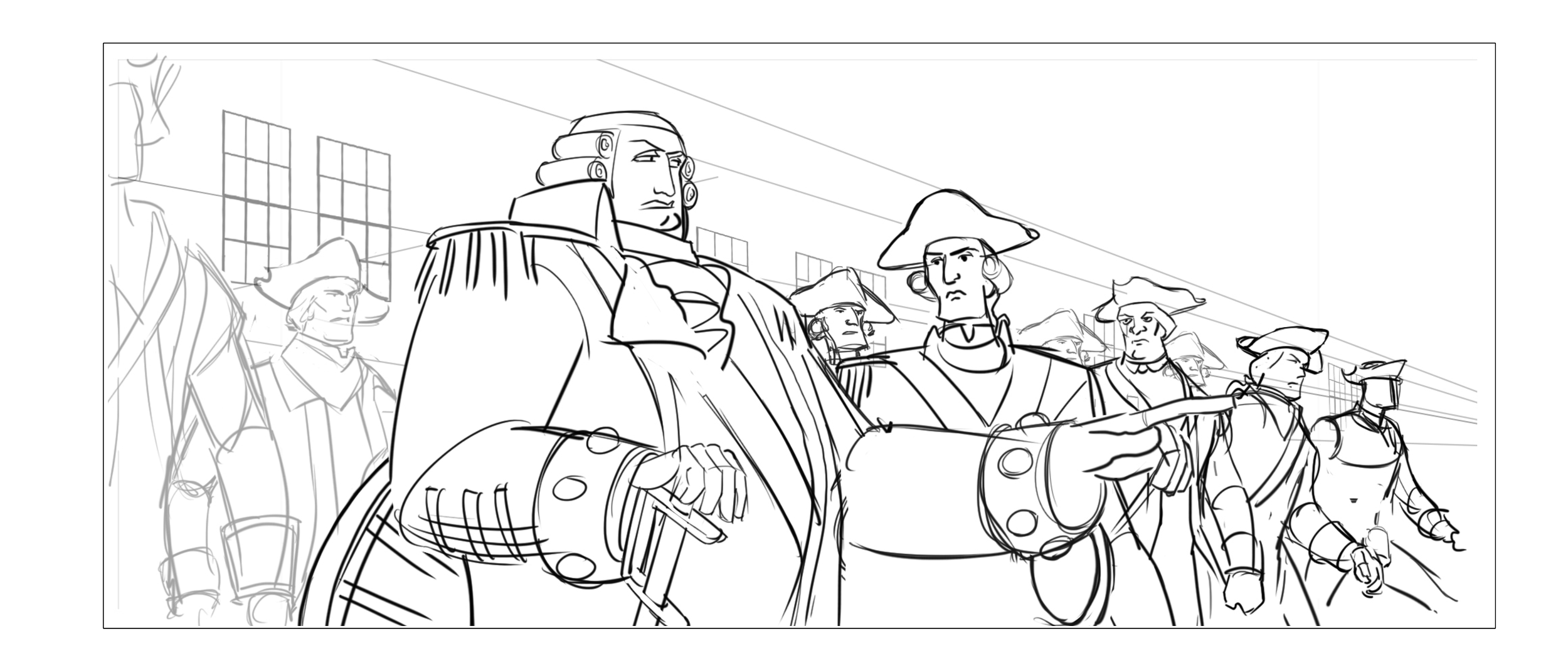 Line drawing of soldiers in historical military uniforms, with hats and armor, standing in formation inside a building with windows.