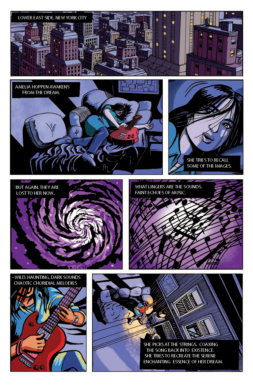 Comic panel depicting a woman in her bedroom, dreaming about music and her city skyline at night, with swirling galaxy and musical notes.