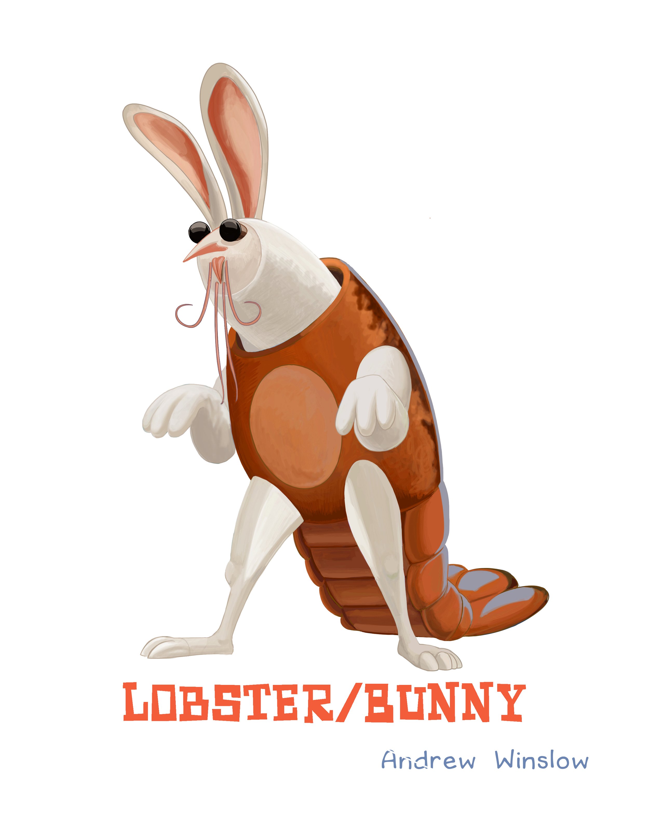Illustration of a creature with the body of a lobster and the head of a rabbit, with large ears, whiskers, and black eyes, labeled "Lobster/Bunny" by Andrew Winslow.