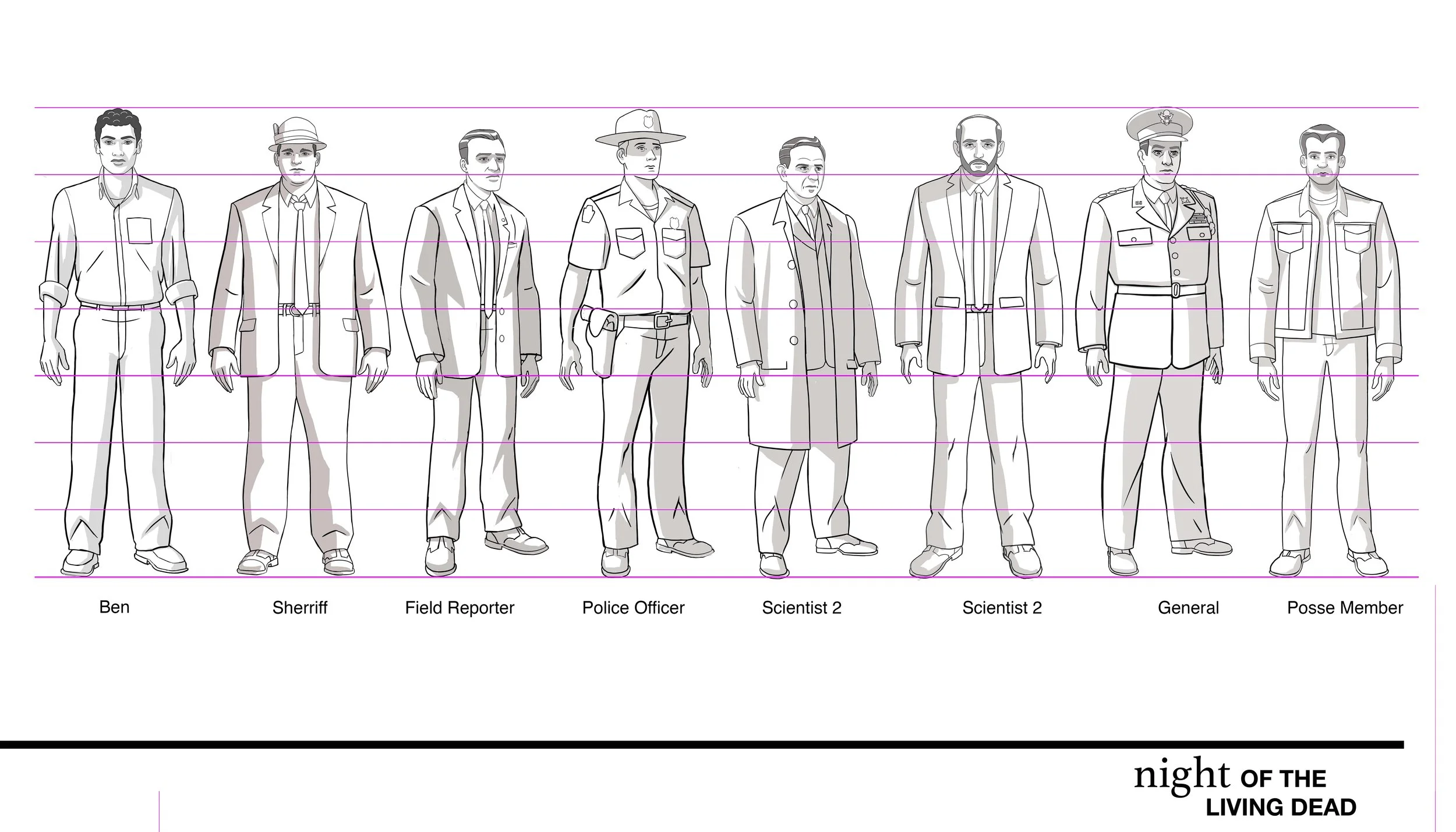 Lineup of nine black and white sketches of men in various professional costumes, including a casual man, a man in a suit, a police officer, scientists, and a general, with labels beneath each.