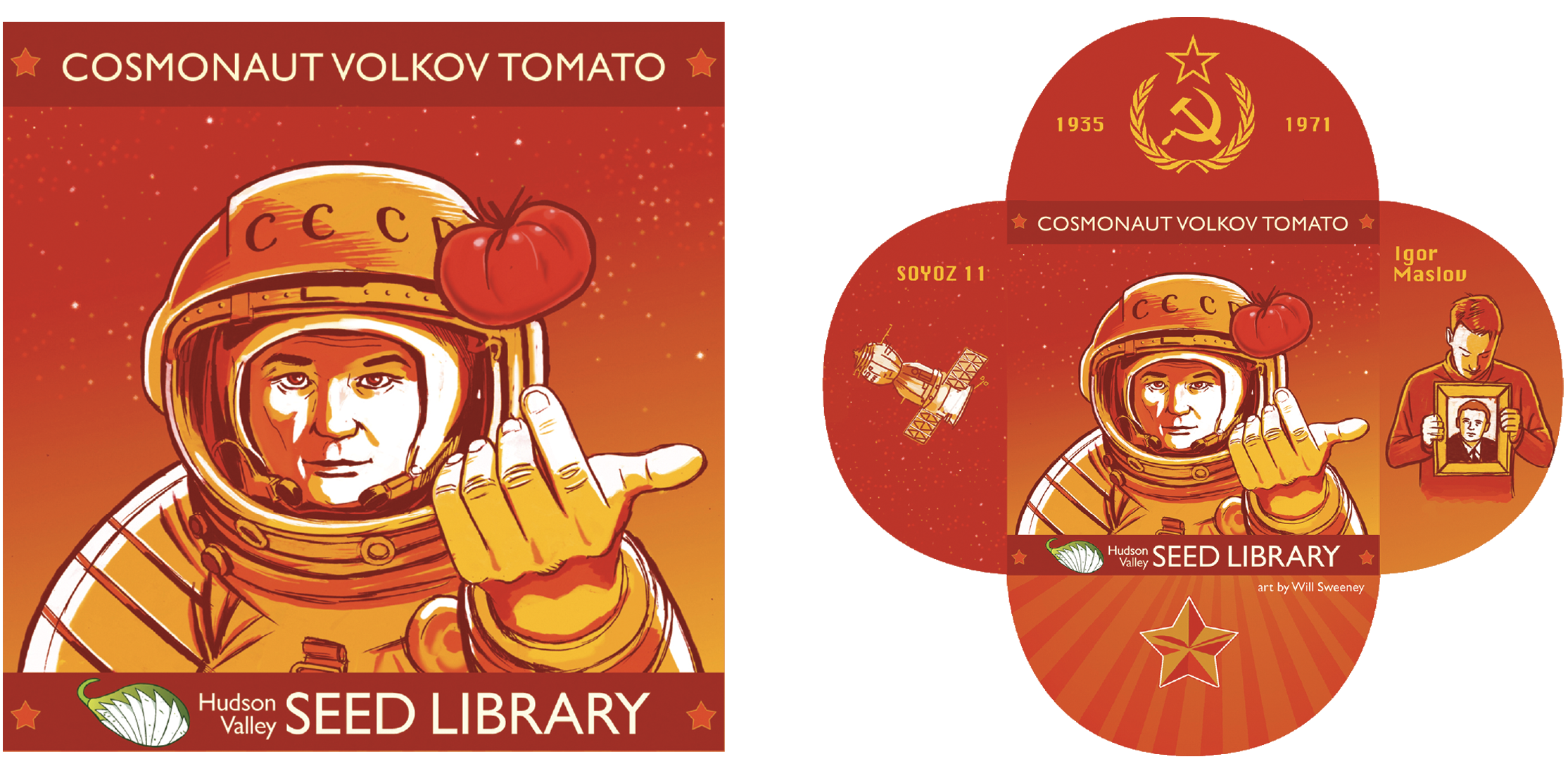 A humorous illustration of a cosmonaut with the face of a man, wearing a helmet with 'CCC' on it, holding a tomato in a space-themed background. The image features socialist symbols, a satellite, and a woman holding a framed picture of a man, with prominently displayed text including "Cosmonaut Volkov Tomato," "Hudson Valley Seed Library," and references to Soviet history.