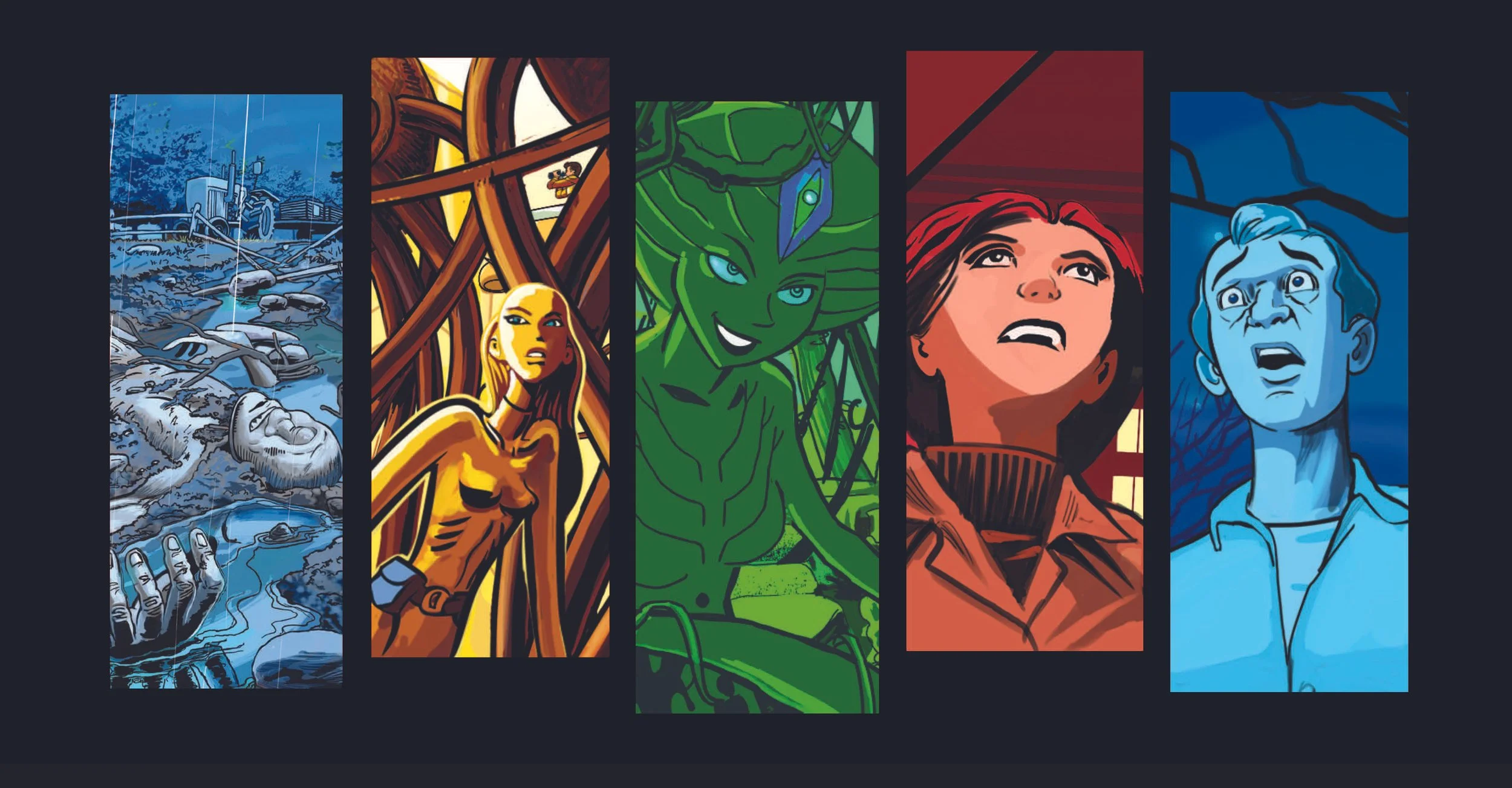 Five comic-style illustrated characters representing the Guardians of the Galaxy in a row: a spaceship wreckage with a hand in water, a woman with long hair in a forest, a green alien with a crown, a woman with short red hair, and a blue-skinned man with white hair.