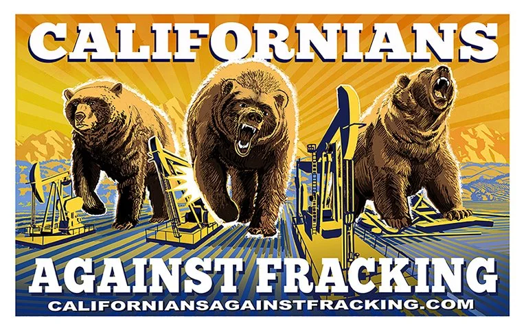 Illustration of three bears standing among oil derricks and pipelines with mountains in the background. Text at the top reads 'Californians' and at the bottom 'Against Fracking,' with a website URL 'californiansagainstfracking.com'.