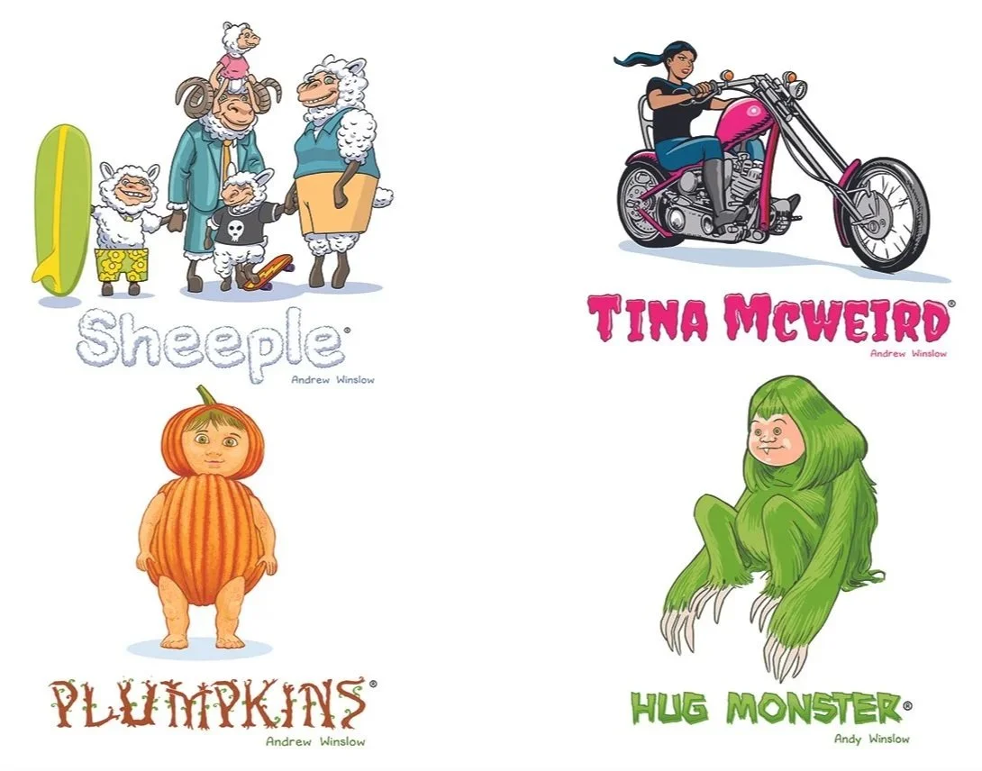 Four children's books with illustrated covers. 'Sheeple' features sheep in human clothes; 'Tina McWeird' shows a girl riding a pink motorcycle; 'Pumpkins' depicts a person dressed as a pumpkin; and 'Hug Monster' has a green monster with human features.