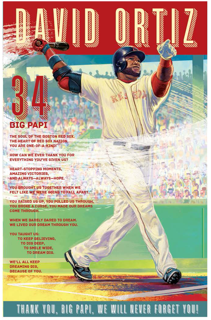 A baseball player in white uniform, wearing a blue helmet, celebrates with raised arms at a baseball game. The background shows a crowd of spectators and the name 'David Ortiz' at the top.