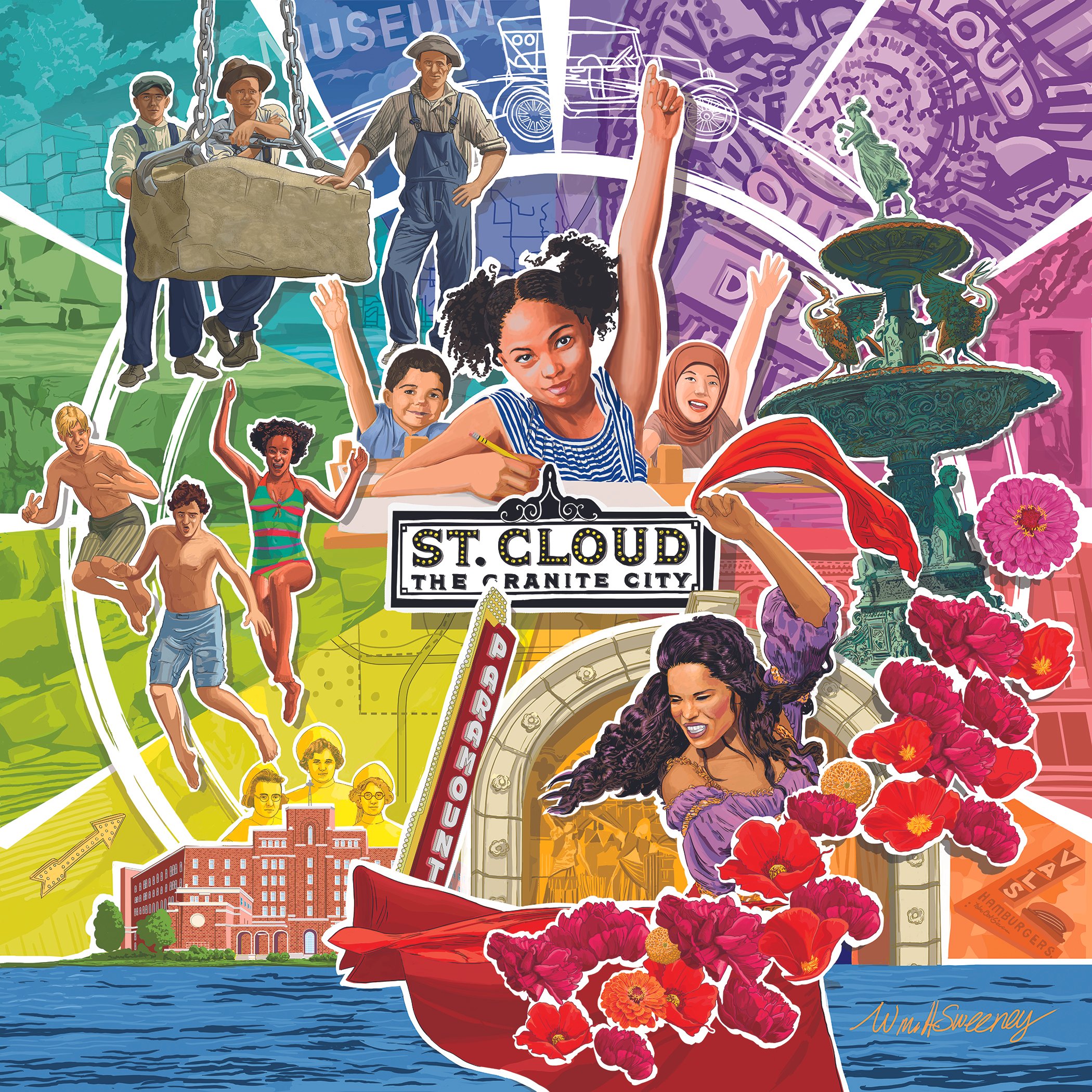 A colorful illustration of historic and cultural scenes in St. Cloud, The Granite City. Features people engaging in various activities, a fountain, a building, and vibrant flowers, representing the diverse community and history of the city.