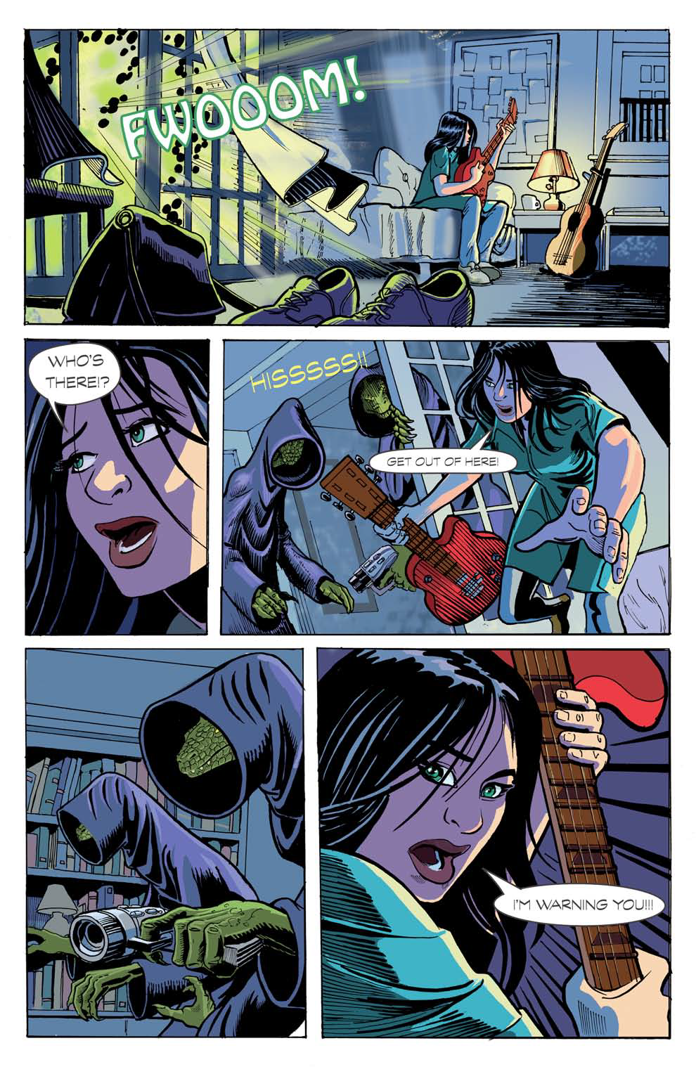 A comic strip showing a girl playing guitar in her living room when burglars break in. The burglars are wearing hoodies and masks, one is pointing a gun at her. She warns them, saying 'I'm warning you!!!'.