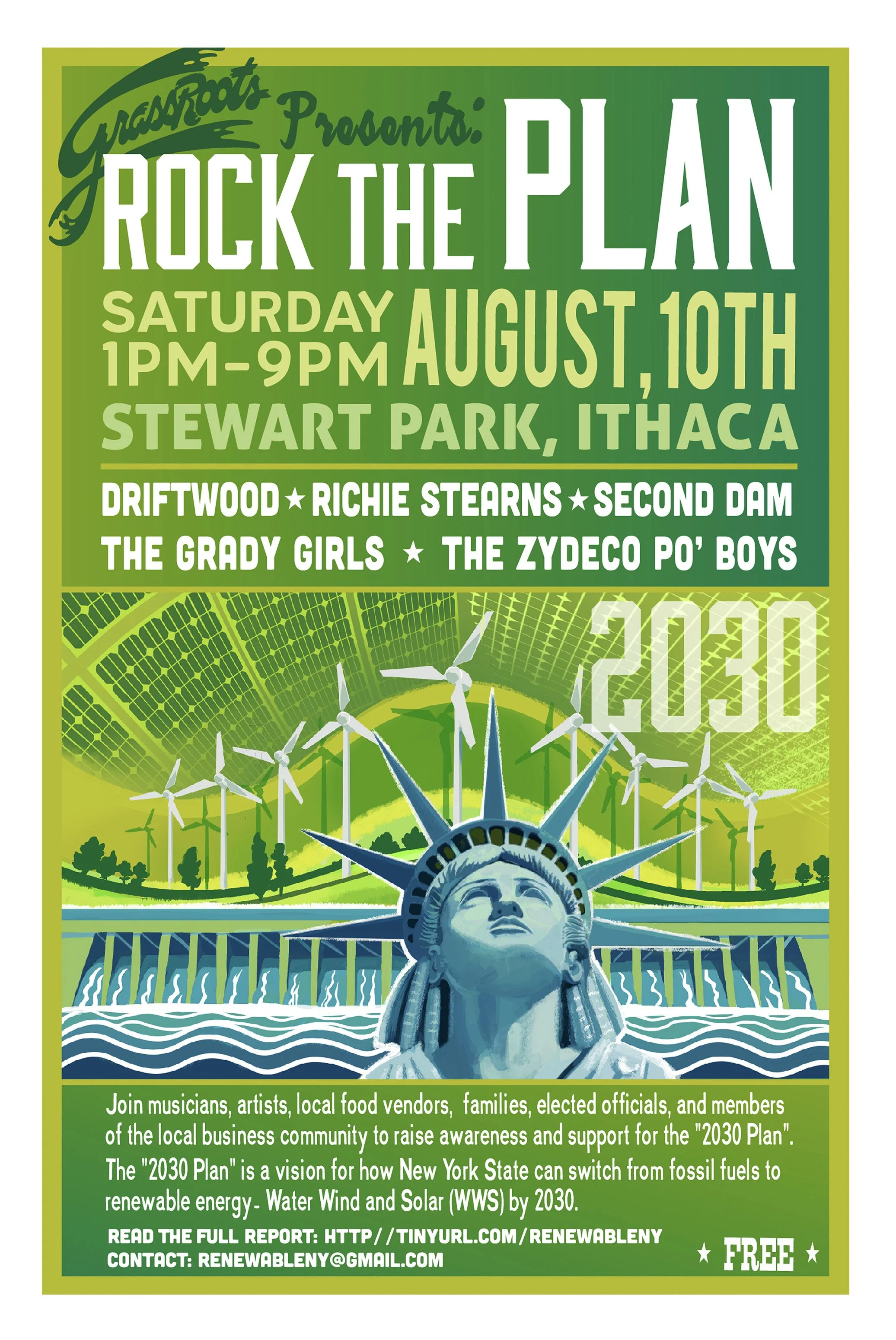 Event poster for 'Rock the Plan' on August 10th, 2020, at Stewart Park, Ithaca, from 1 pm to 9 pm. Features performances by Driftwood, Richie Stearns, Second Dam, The Grady Girls, and The Zydeco Po' Boys, promoting awareness for the 2030 renewable energy goal.