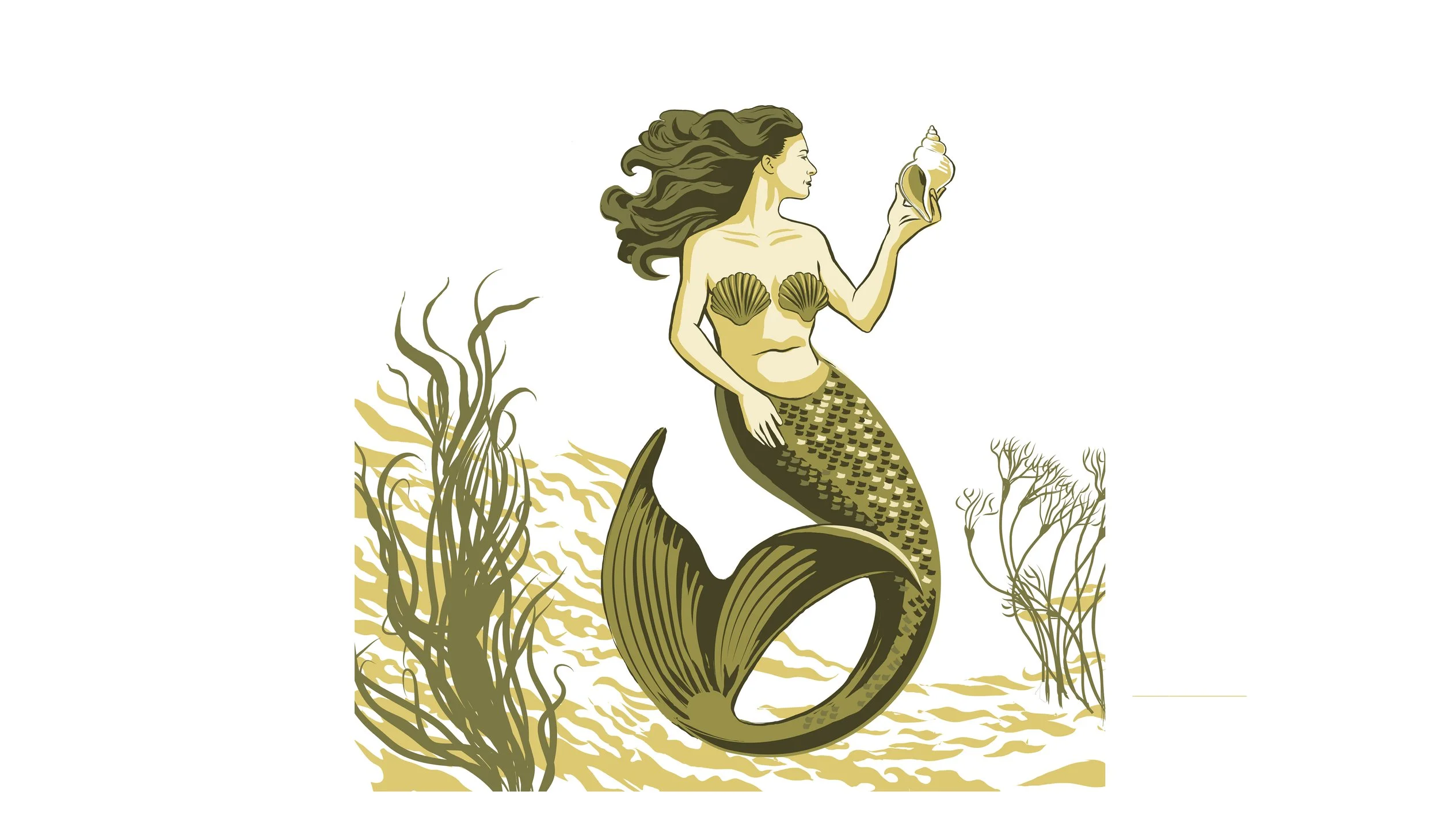 A mermaid with long hair and a shell top, holding a conch shell, is depicted underwater with seaweed around her.