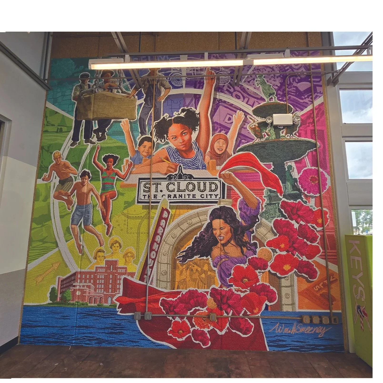 Vibrant mural depicting diverse people celebrating in St. Cloud, a city in the Granite State, with a fountain, historical buildings, and a roller coaster in the background.