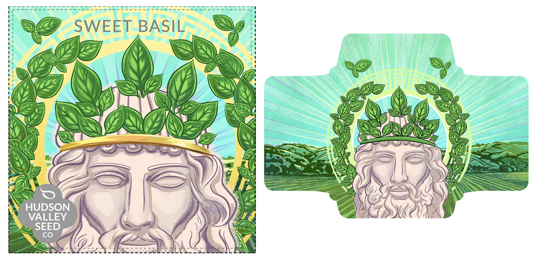 Illustration of a seed packet and a seed sticker. The seed packet features a detailed drawing of a bearded man's face with lush green basil leaves growing from the top of his head, labeled 'Sweet Basil'. The background has radiant lines and a landscape of fields and hills. The seed sticker shows a similar bearded face with basil leaves, set against a green landscape with fields and hills.