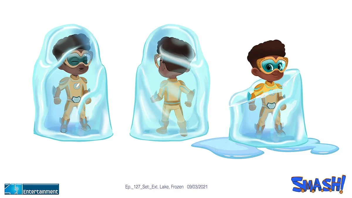 Three characters in spacesuits trapped in ice, with one breaking free and standing on the ice.