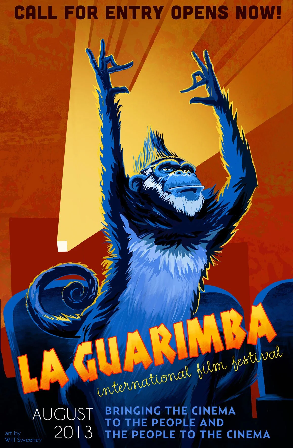 Poster for the La Guarimba international film festival featuring a blue and black gorilla-like creature with arms raised and fingers making peace signs, set against a red and yellow background with the text "Call for Entry Opens Now!" and "August 2013".