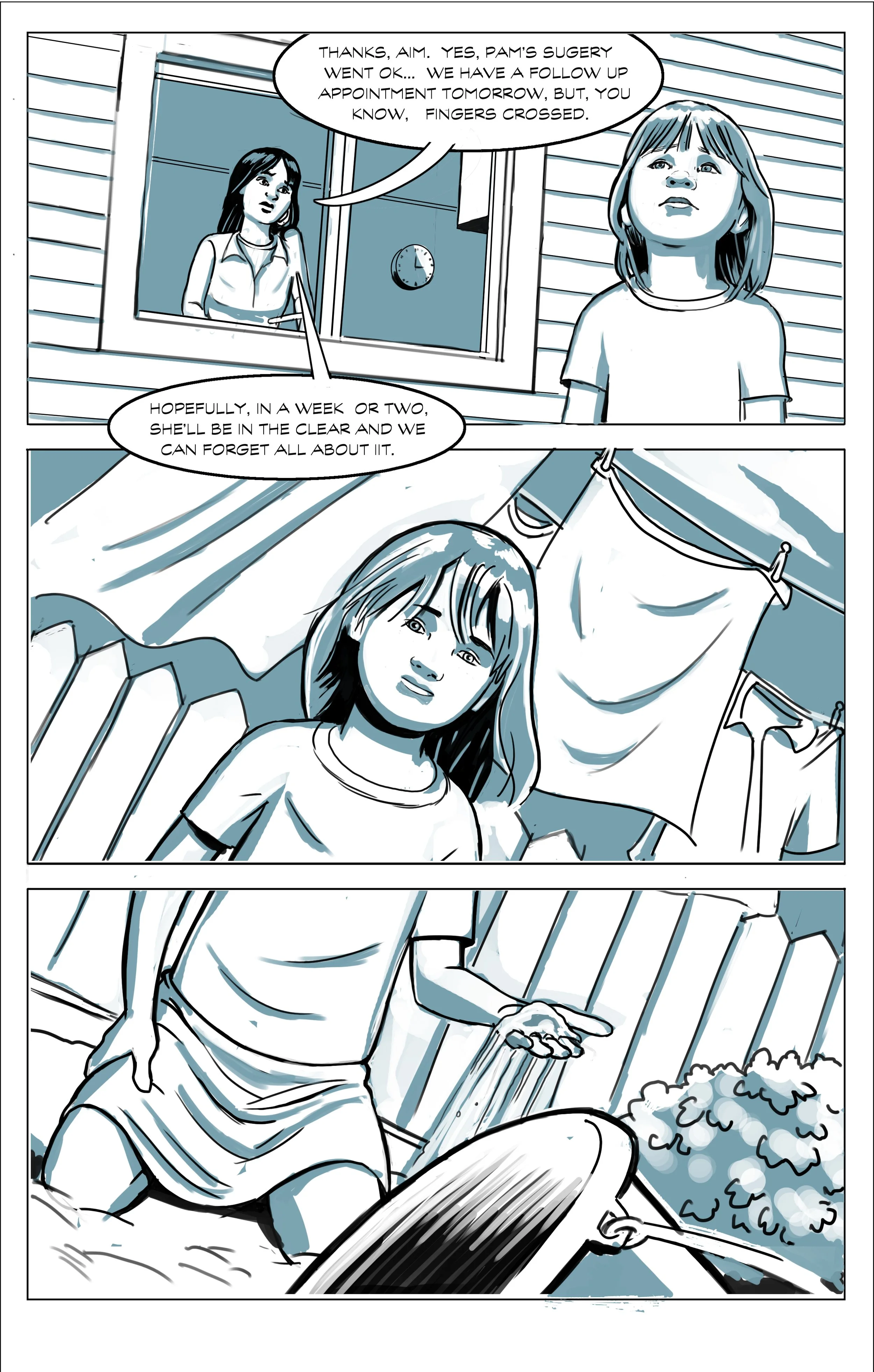 A comic strip showing a girl talking to a woman through a window, discussing her daughter Pam's surgery and follow-up appointment. The girl with long hair is sitting outside, and she then tends to her daughter, who is lying in bed with a canopy, and later watering plants with a watering can.