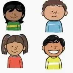 Four cartoon children with different hair and clothing styles smiling.