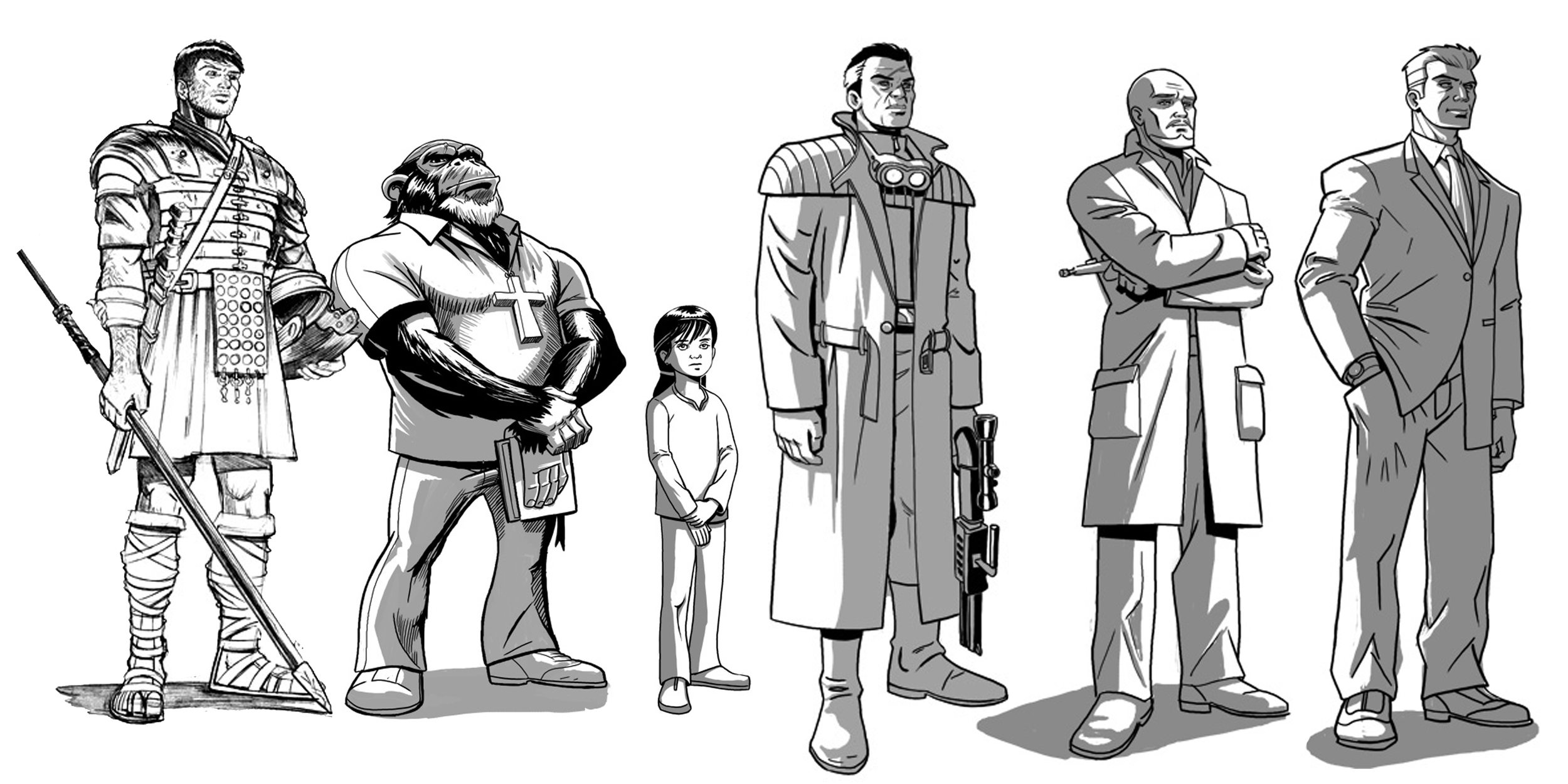 Lineup of seven diverse characters with varied outfits and expressions, standing side by side, in black and white illustration.