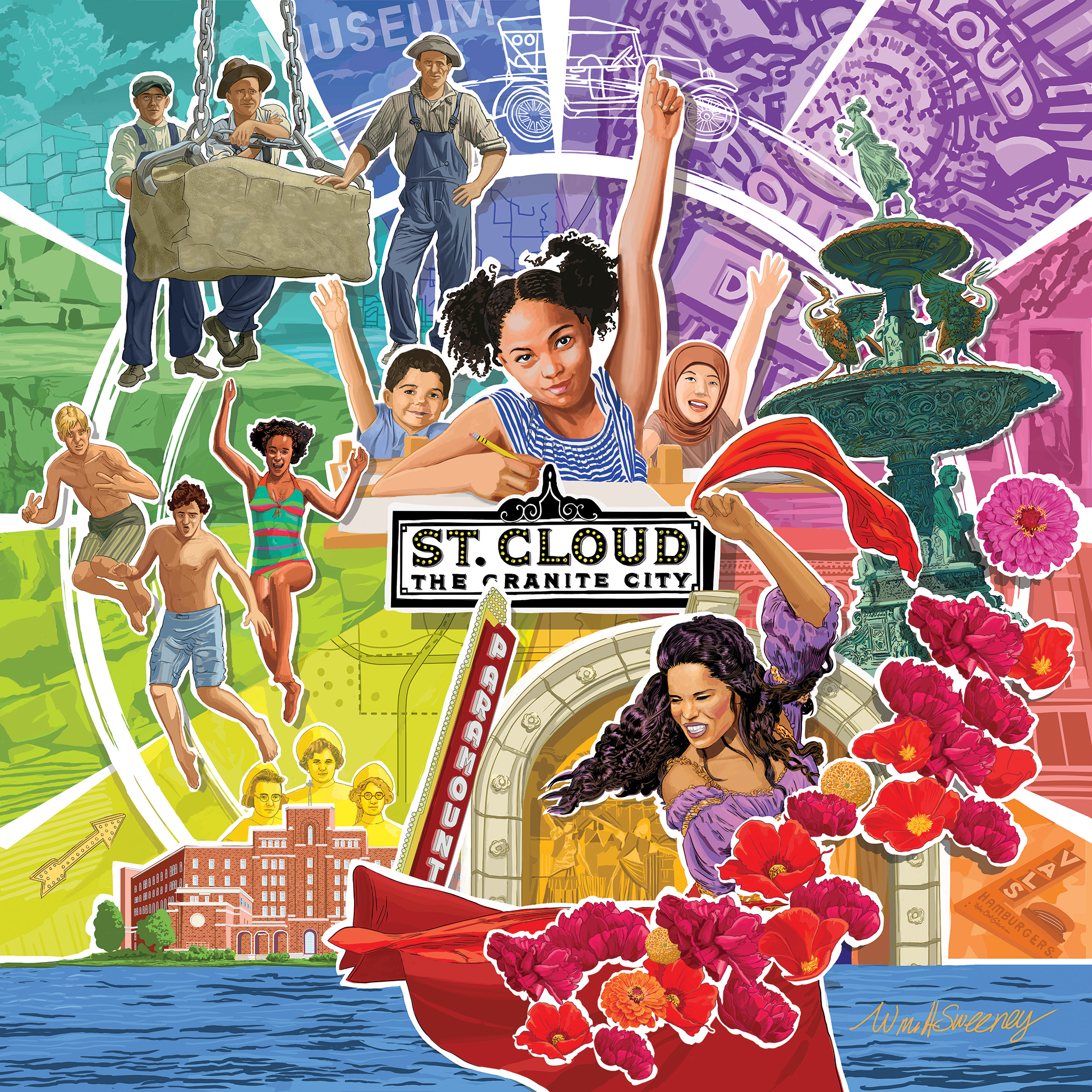 Colorful illustration of various scenes from Carlsbad, New Mexico, including people, historic buildings, a fountain, and flowers, with the text 'St. Cloud the Carinate City' in the center.