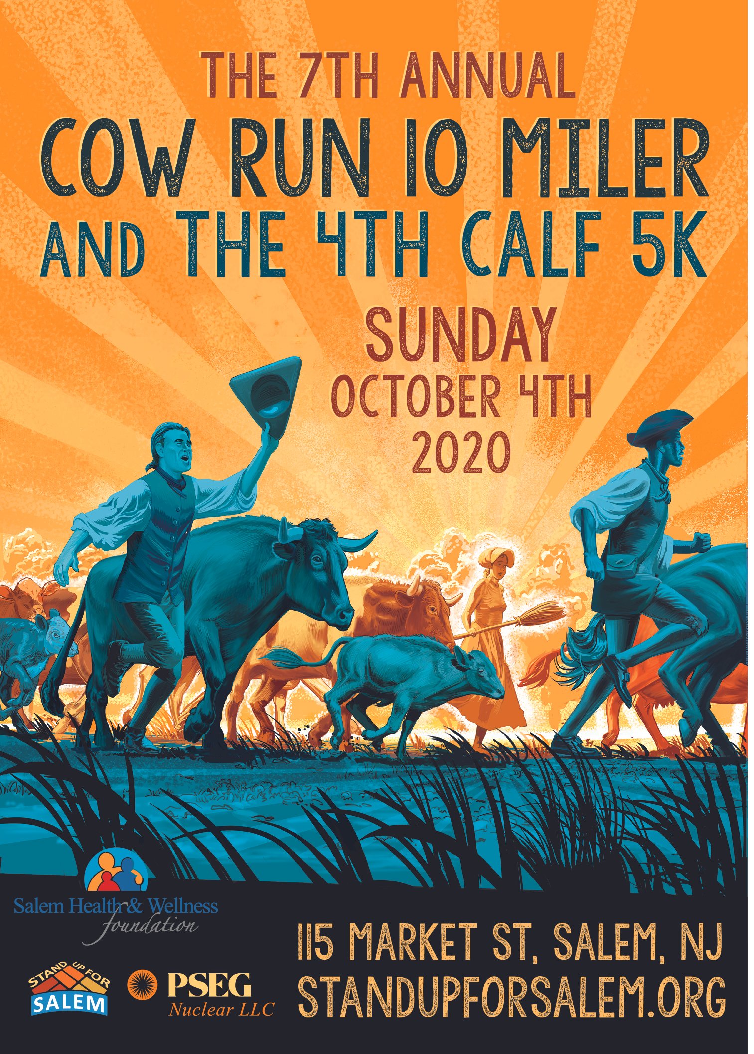 A colorful event poster for the 7th annual Cow Run 10 Miler and the 4th Calf 5K race, scheduled for Sunday, October 4th, 2020, at 115 Market St. Salem, NJ, featuring animated illustrations of farmers herding cattle with a bright orange background.