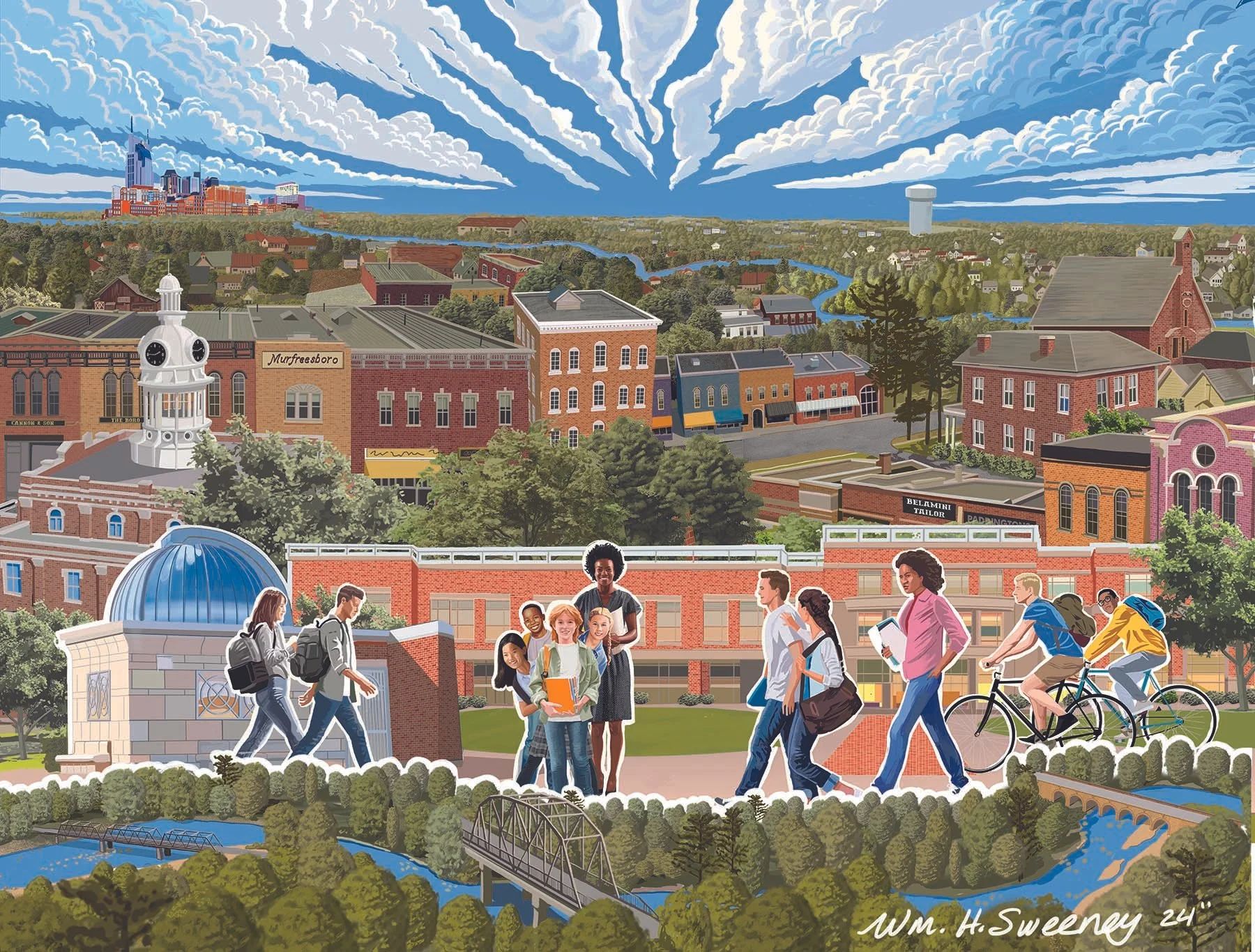 Colorful illustration of a college campus with students walking and cycling, surrounded by trees, buildings, and a river, with a city skyline and dramatic sky in the background.