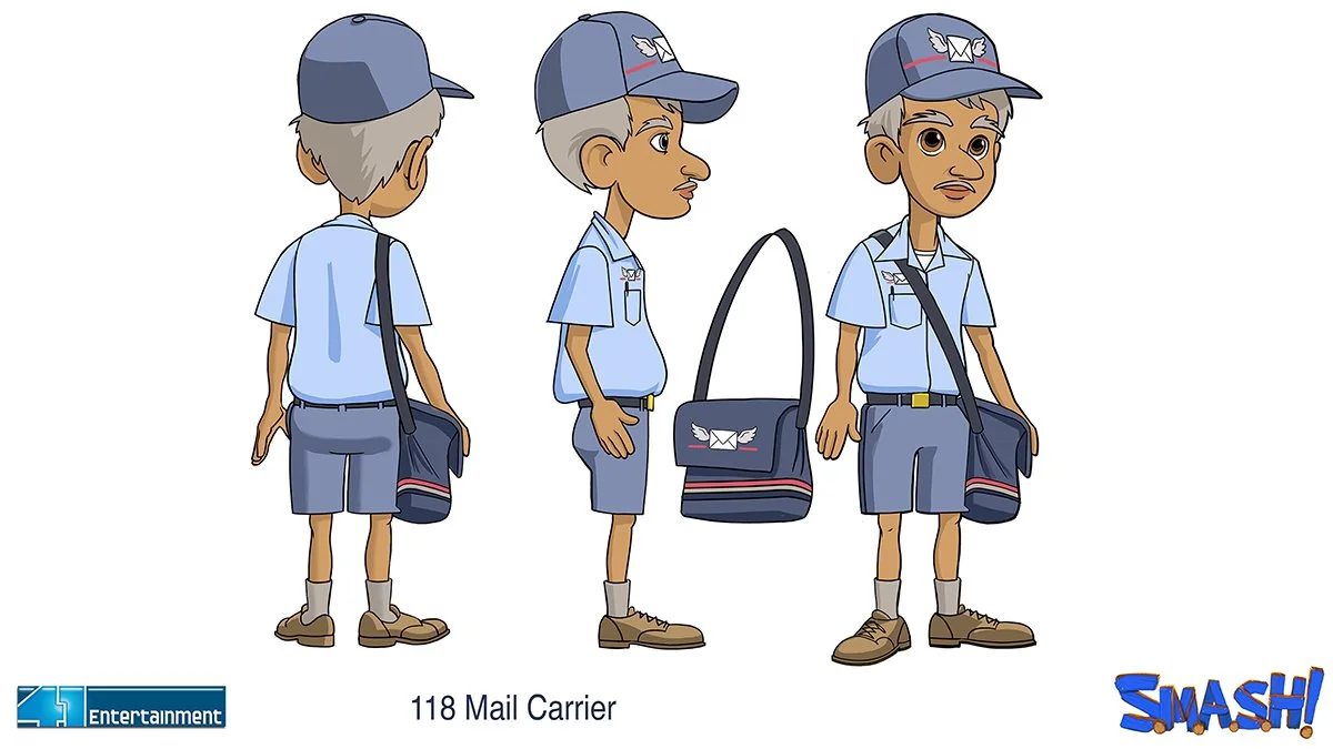 Cartoon boy dressed as a mail carrier, shown from three angles: back, side, and front. He wears a blue mail carrier uniform with a cap, shorts, and boots, and carries a mailbag. The image is labeled "118 Mail Carrier" with a "SMASH!" logo in the bottom right corner.