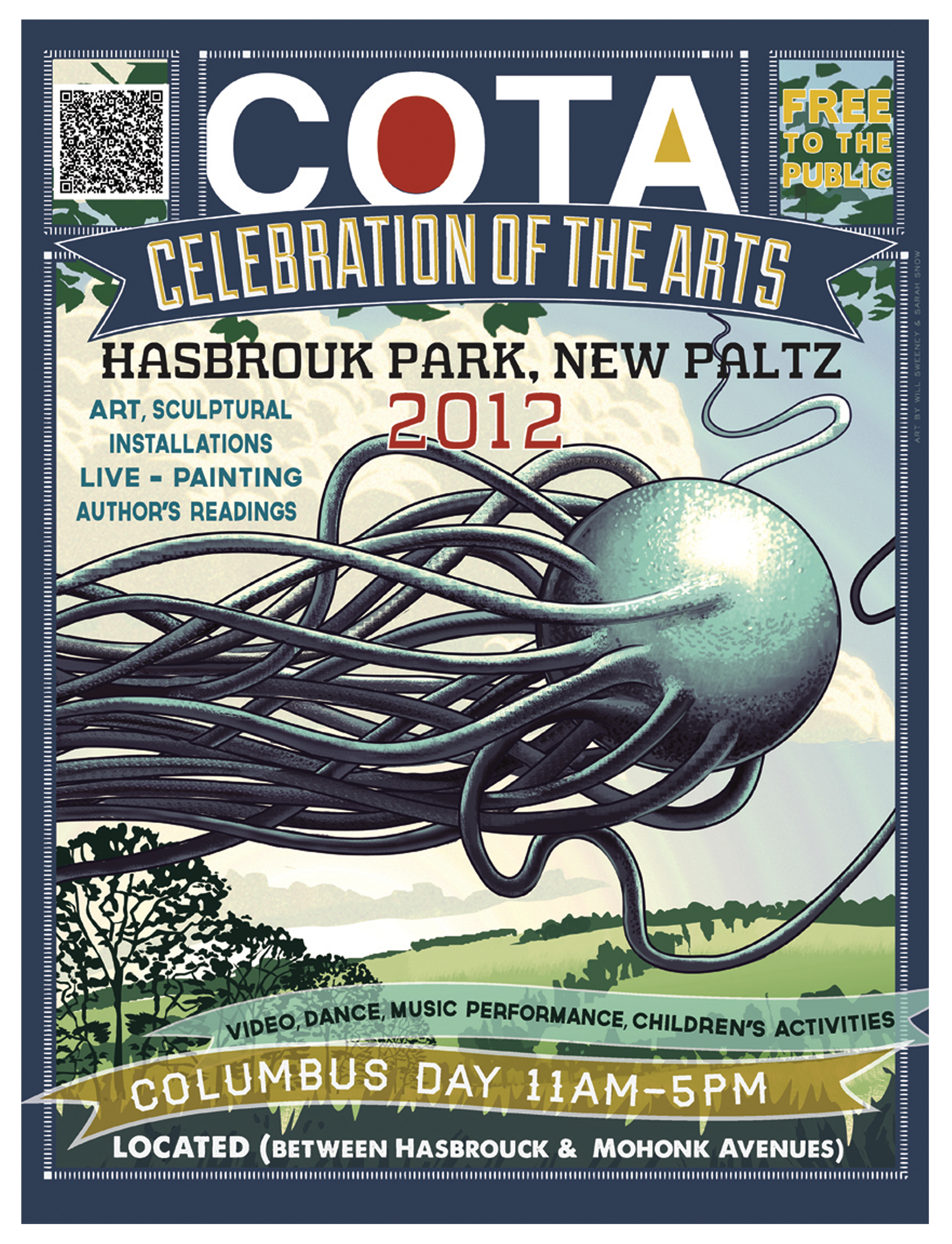 Poster for COTA Celebration of the Arts event at Hasbrouk Park in New Paltz, 2012, featuring a tangled wire sculpture with a scenic background, various art activities, and event details.