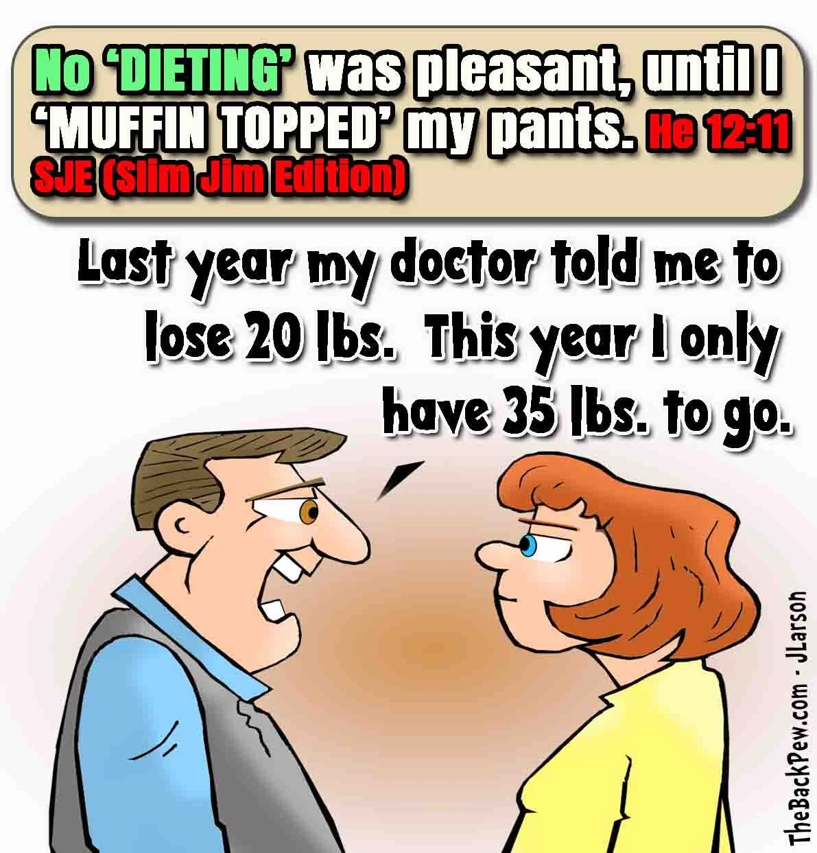 Christian Cartoon illustrating man who lacks discipline with his diet Hebrews 12:11