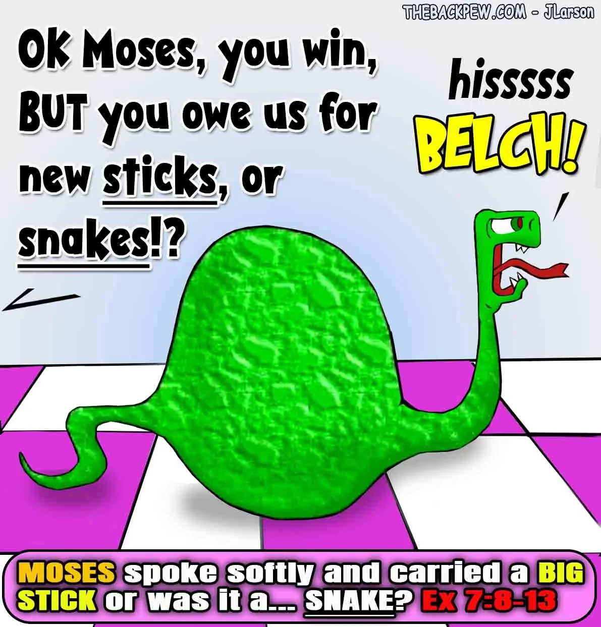 Exodus cartoon of Moses stick turning to a snake before Pharoah