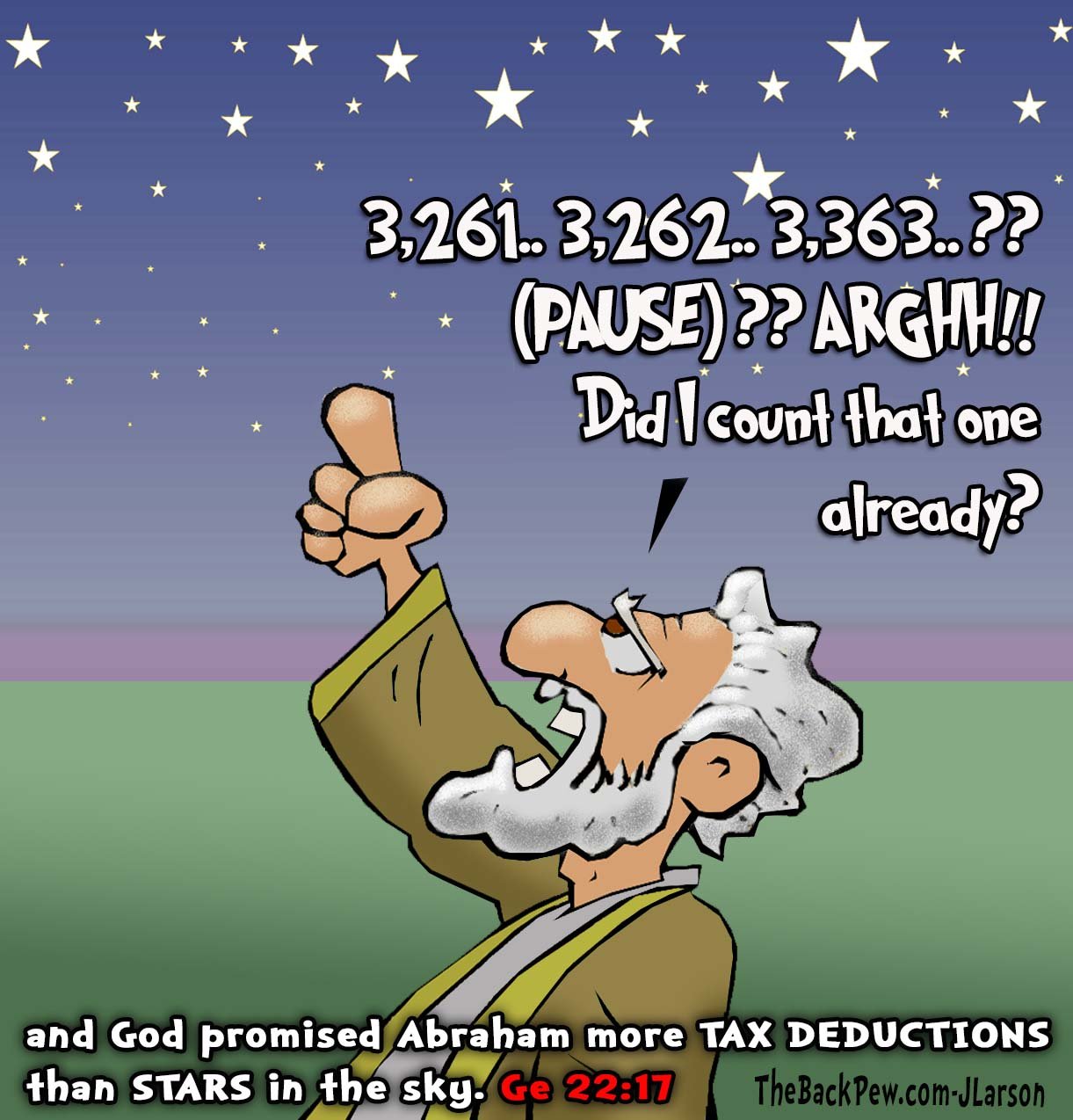 Bible Cartoon of Abraham counting stars for future tax return