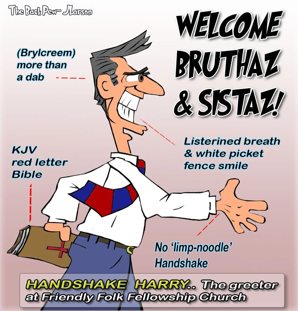 Church Cartoon of a high energy greeter nicknamed Handshake Harry