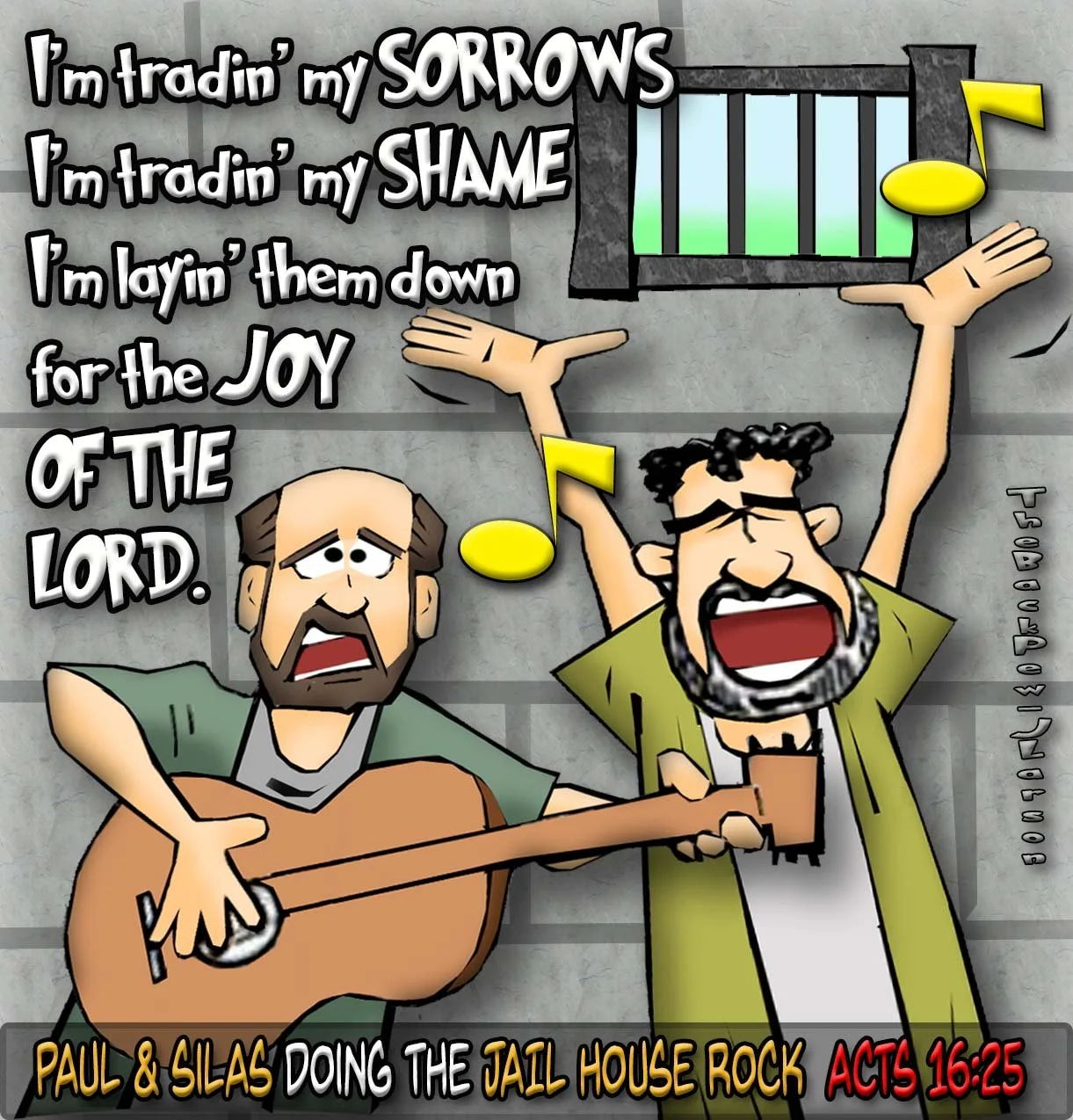 Bible cartoon featuring Paul and Silas sings from Jail
