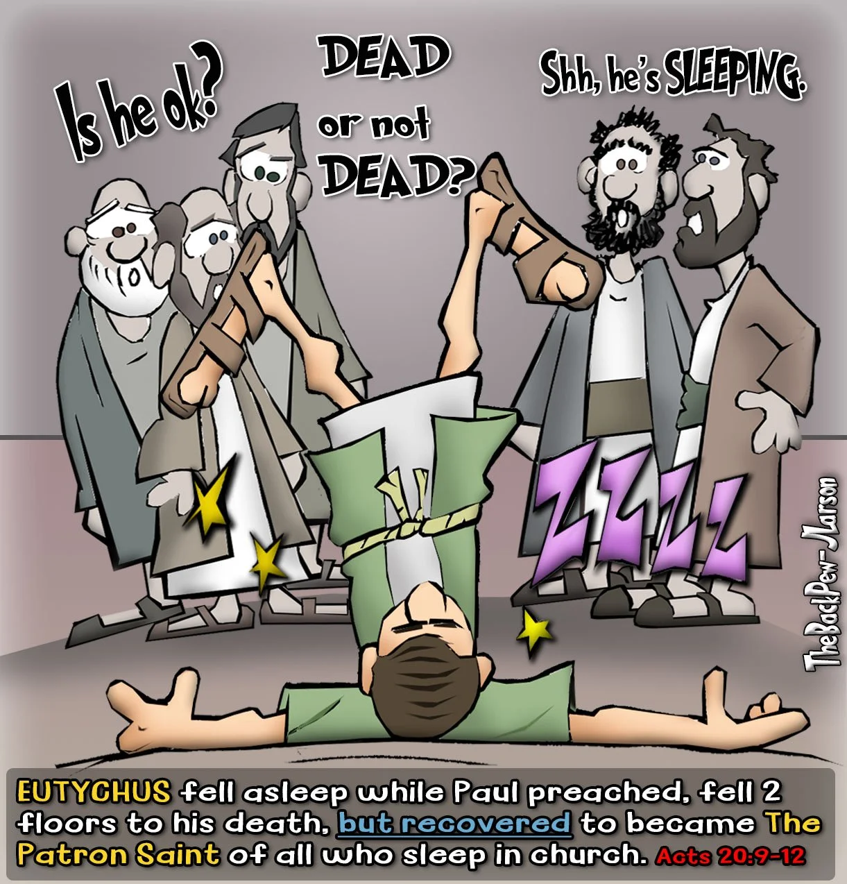 Bible Cartoon featuring Eutychus falling as recorded in Acts 20:9-12