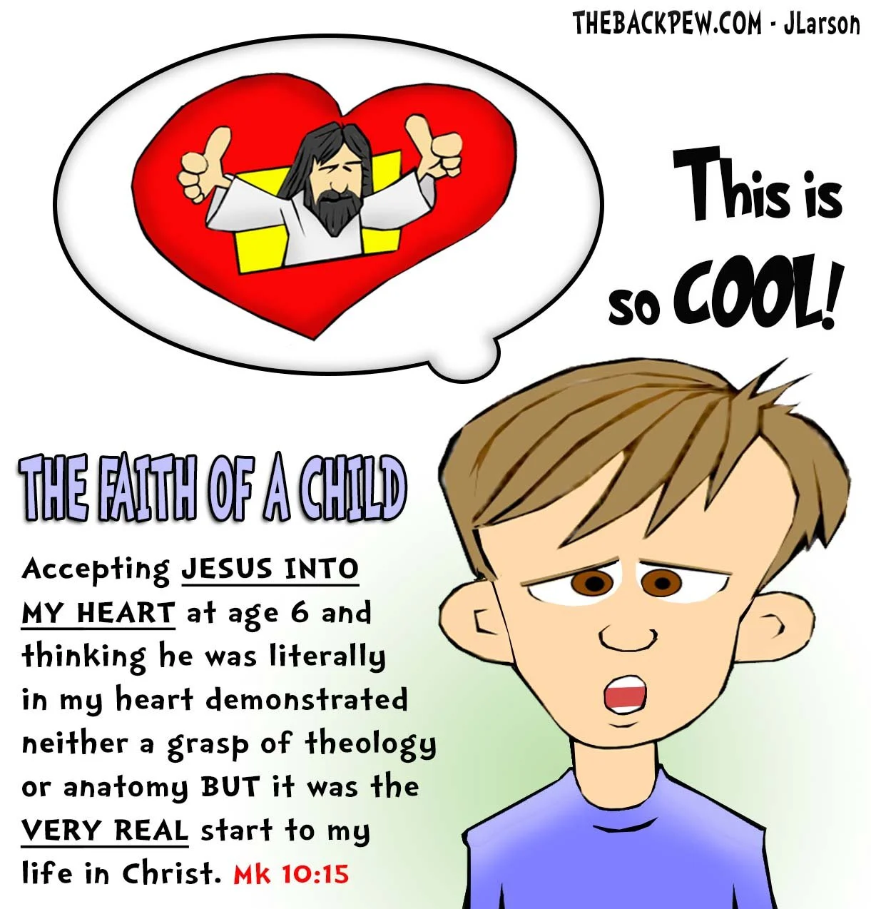 Christian Cartoon of Child pondering Jesus in his own heart. COOL