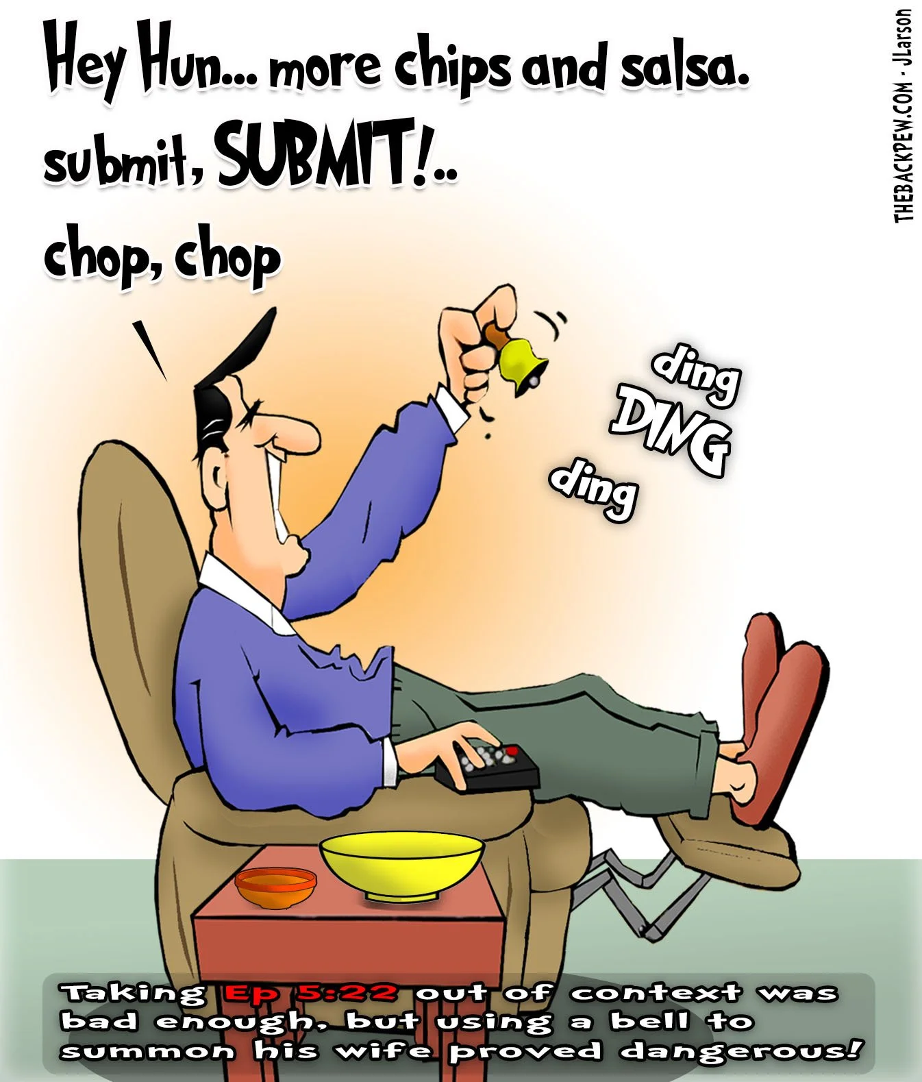 Marriage marriage cartoon showing a husband  ringing a bell for service from his wife. Clearly not understanding Ephesians 5