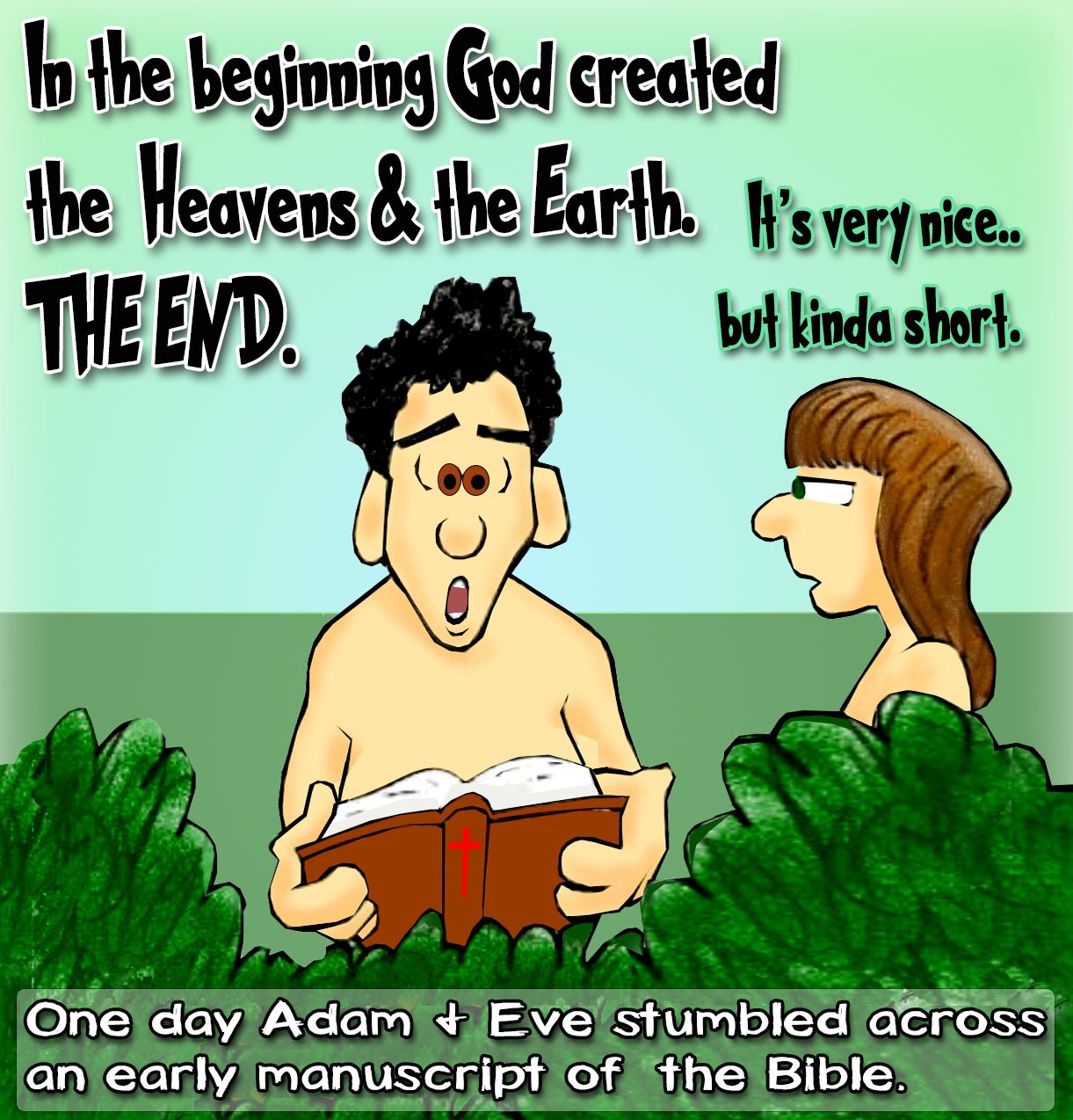 Bible Cartoon of Adam and Eve stumbling across an early manuscript of the Bible
