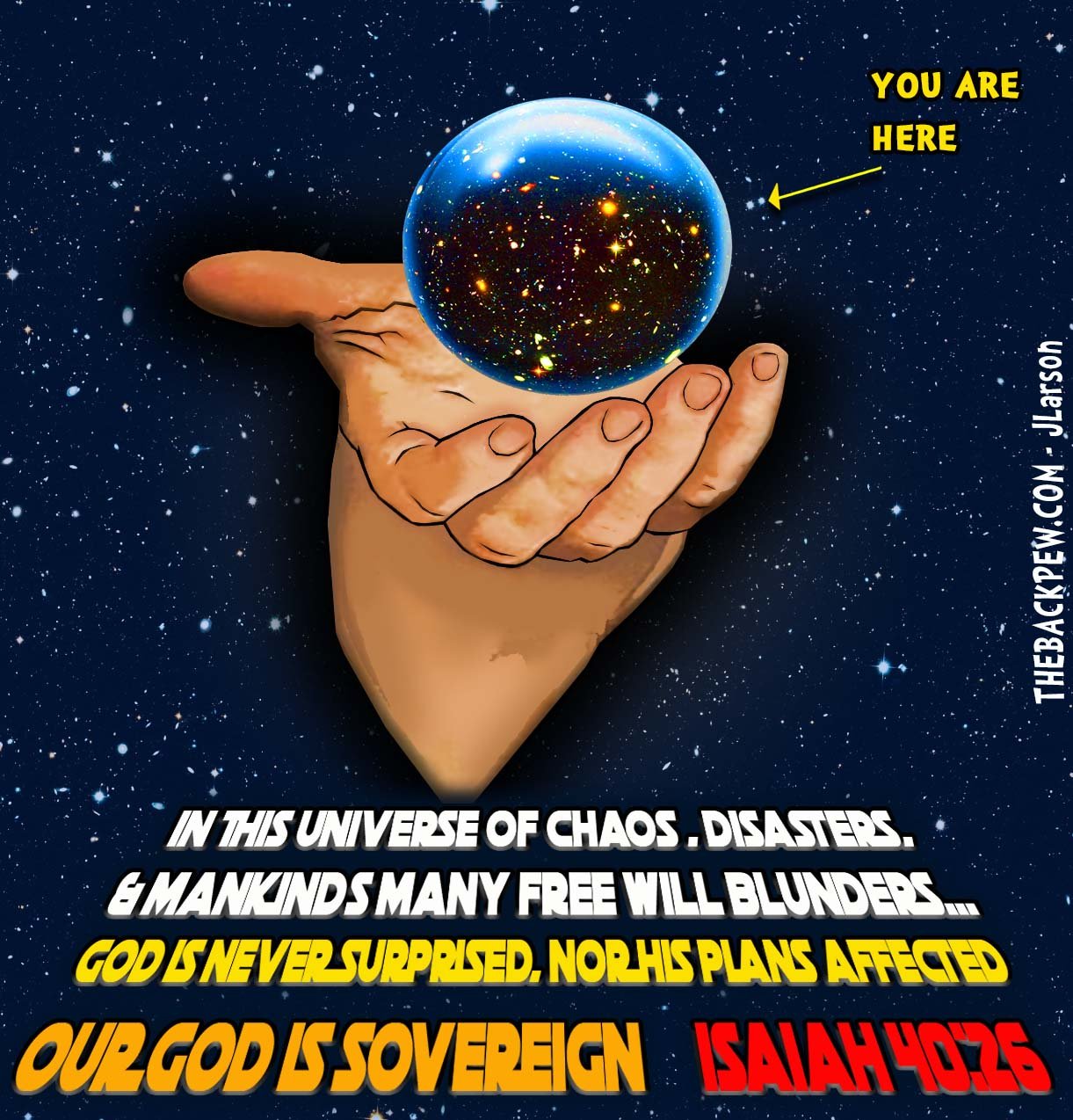 Christian Cartoon where our loving Heavenly Father cares for you in the palm of His mighty right hand.