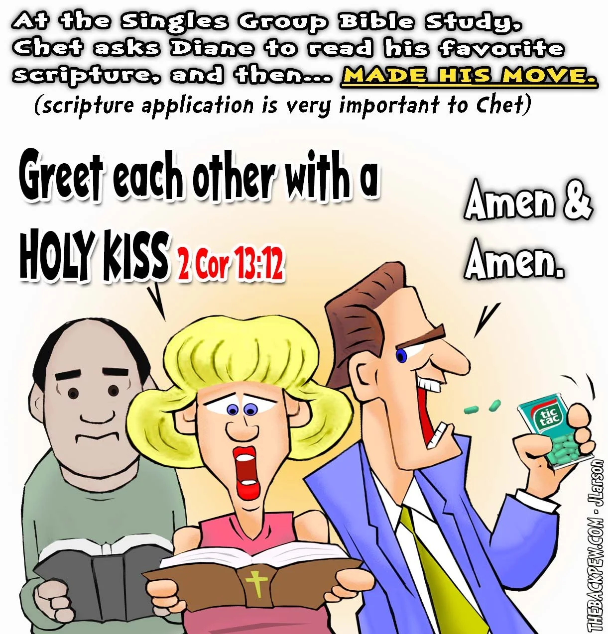 Church Cartoon of singles group bible study holy kiss move