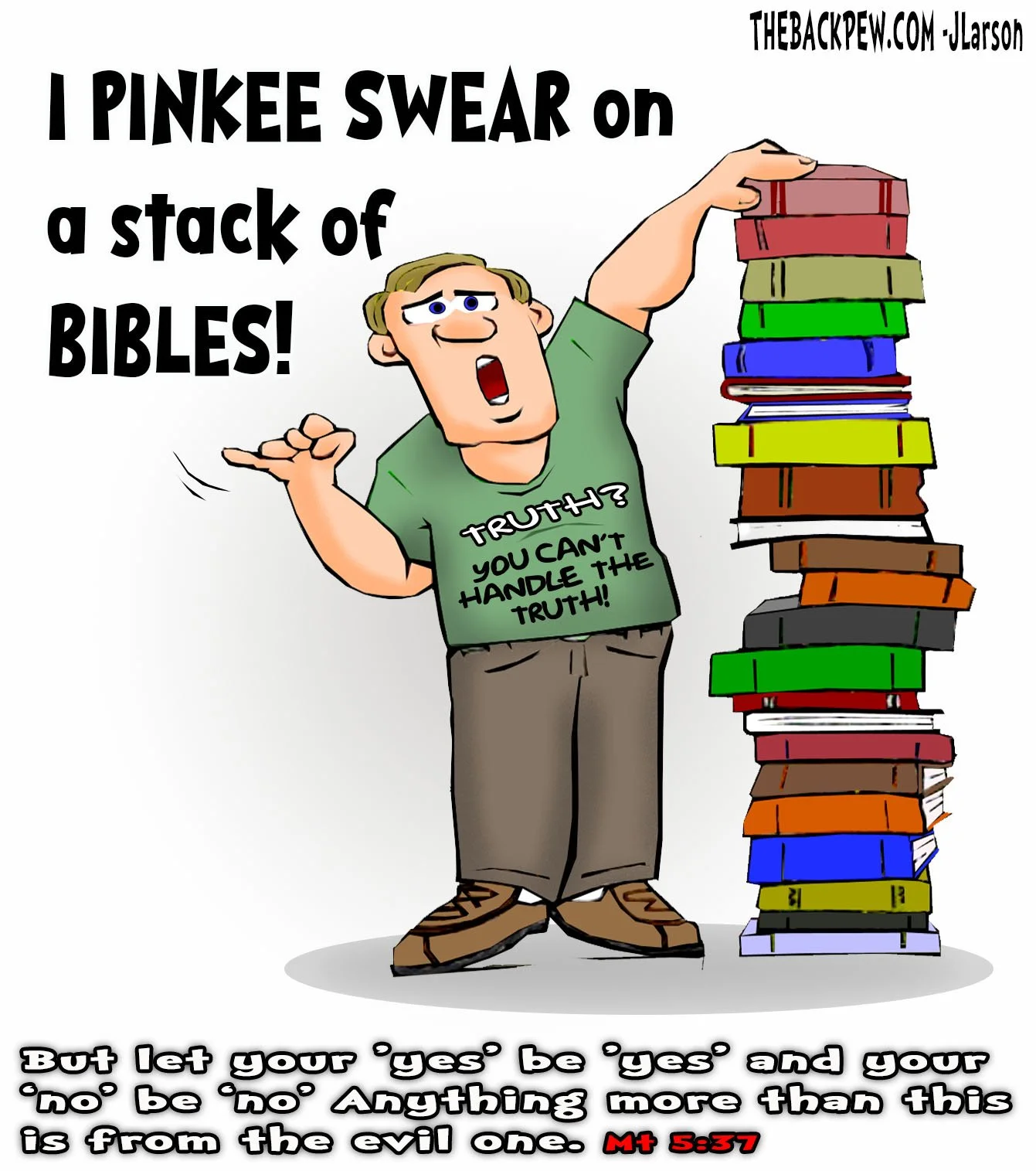 Christian cartoon of man doing a pinky swear on a stack of Bibles