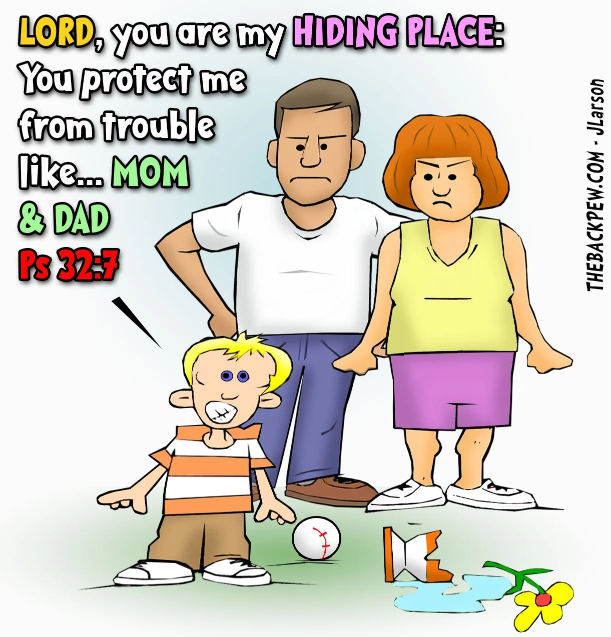 Christian Cartoon of child looking to HIDE from mom & dad, praying Psalms 32:7: