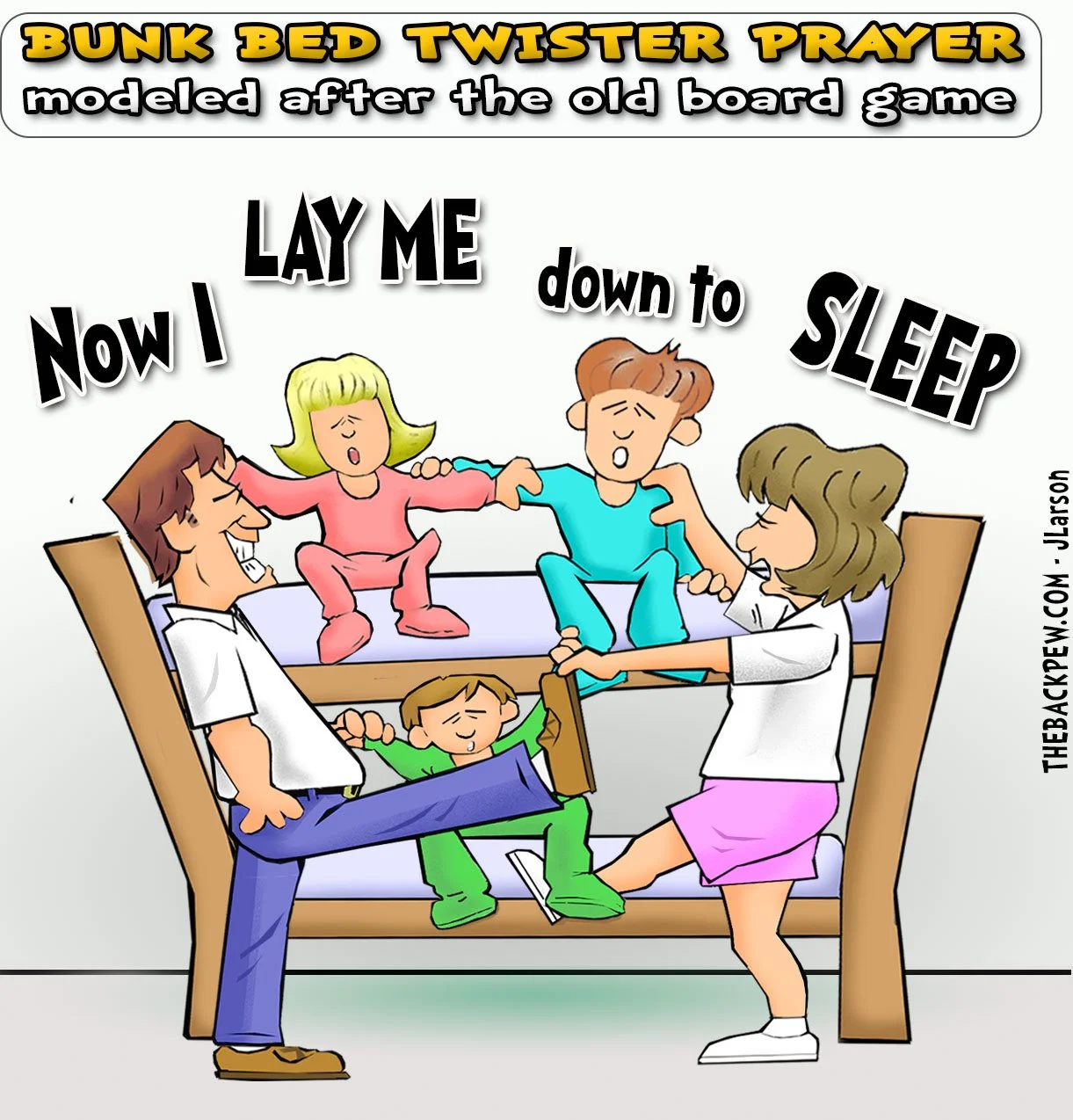 Christian Cartoon of family prayer that resembles the old game twister