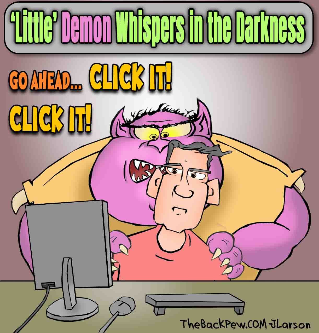 Christian cartoon of a purple demon whispering "Go Ahead... CLICK IT!" to a man at his computer, with 1 Corinthians 10:13 warning against internet temptation