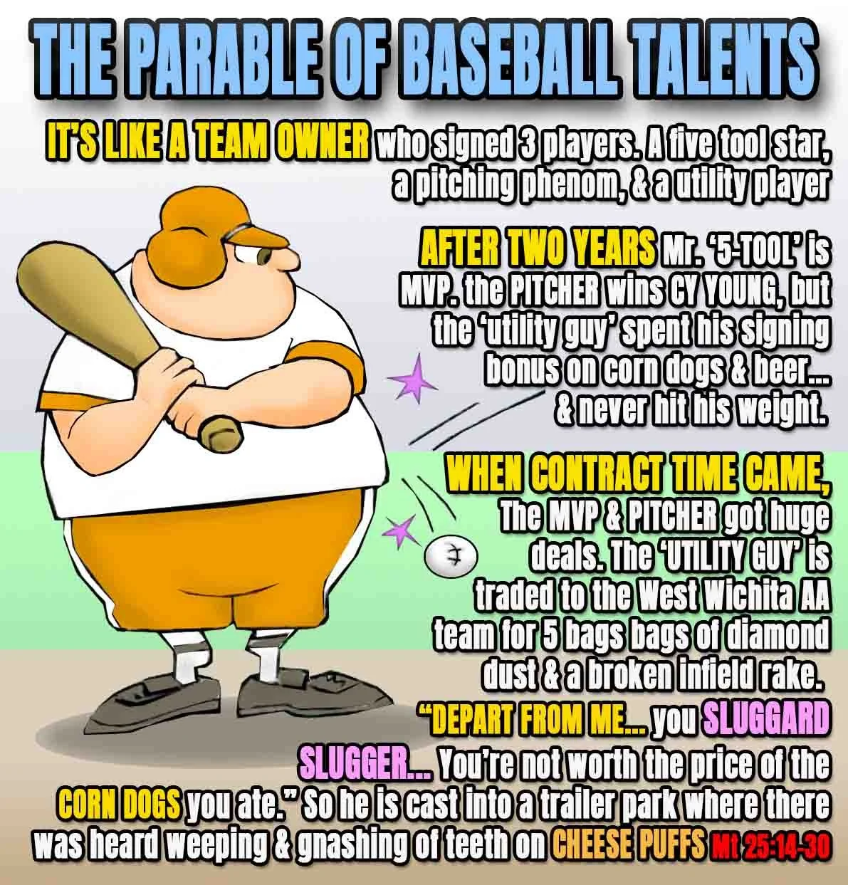 Christian cartoon parable of the talents told through baseball players — the slugger who wasted his talent is cast out