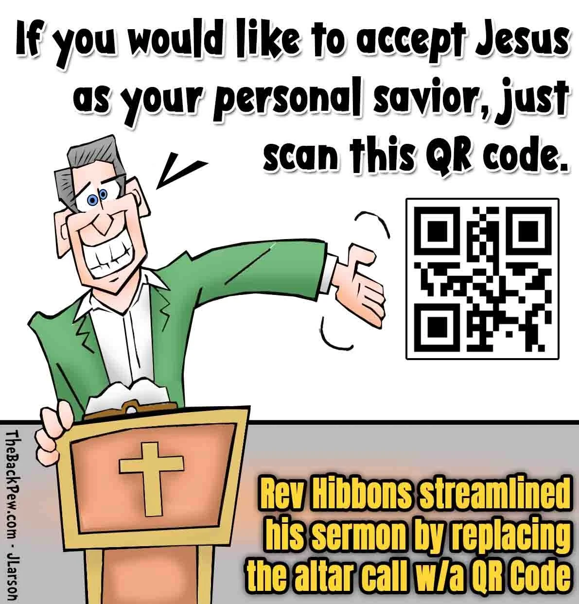 Church Cartoon of a preacher using QR Code altar calls.